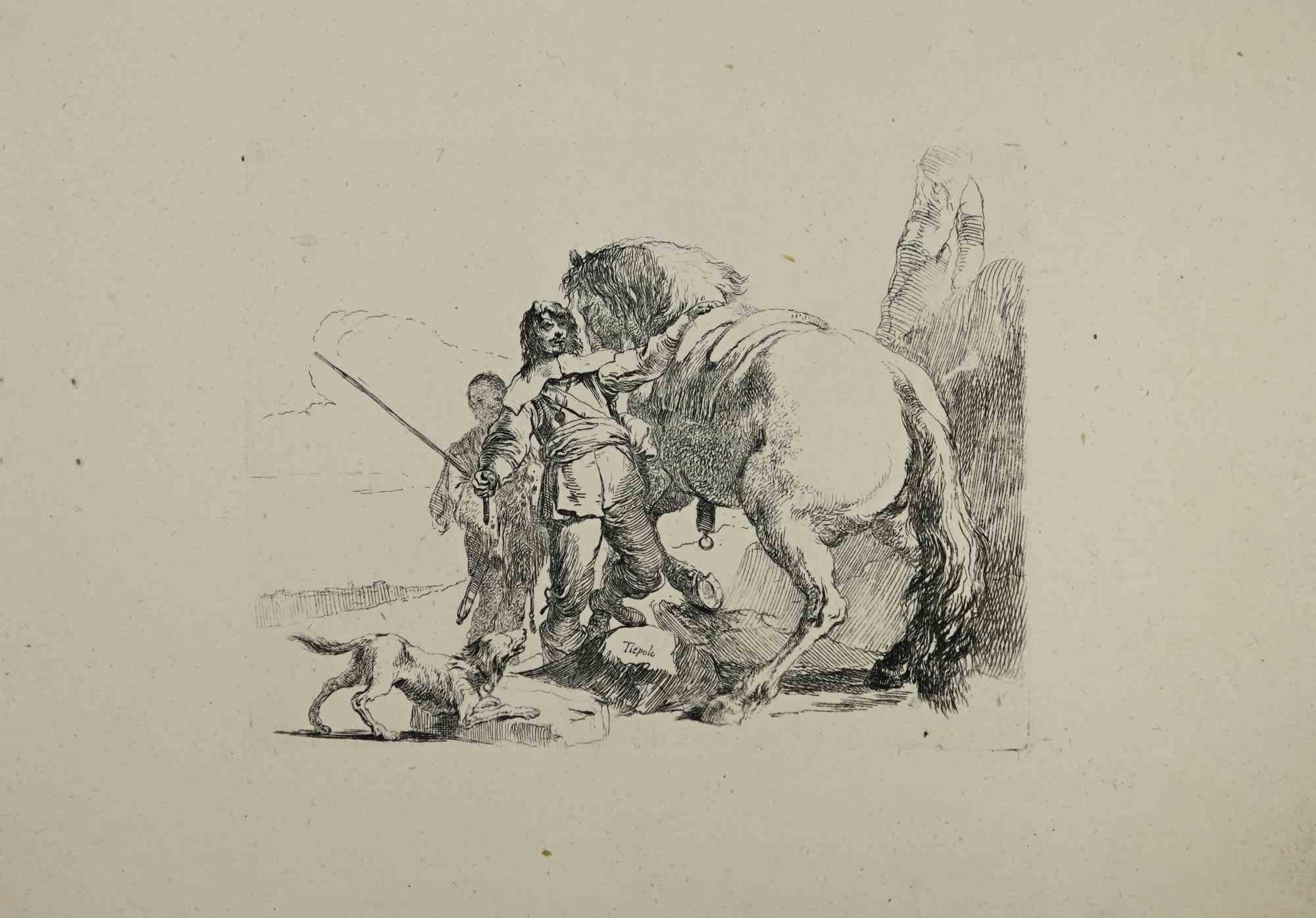 Giovanni Battista Tiepolo Figurative Print - The Knight and his Horse - Etching by G.B. Tiepolo - 1785