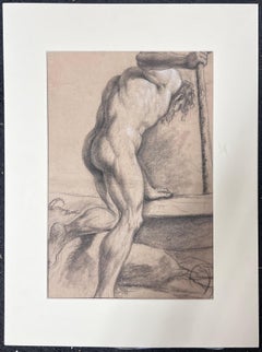 Fine 18th Century Italian Old Master Chalk Drawing Male Nude with Wooden Club