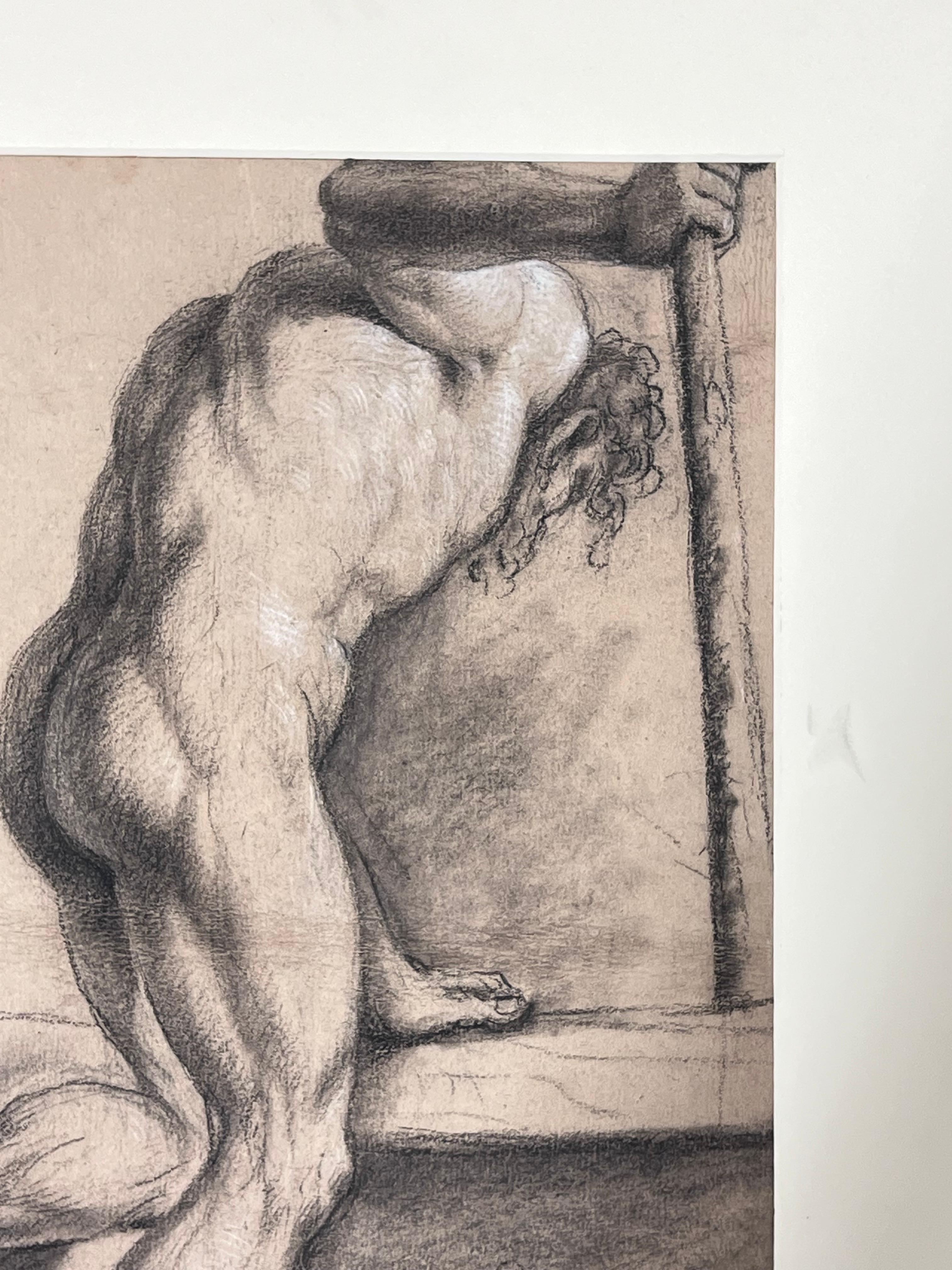 Beau dessin à la craie de maître ancien italien du 18e siècle Nu masculin avec une massue en bois - Maîtres anciens Painting par Giovanni Battista Tonna