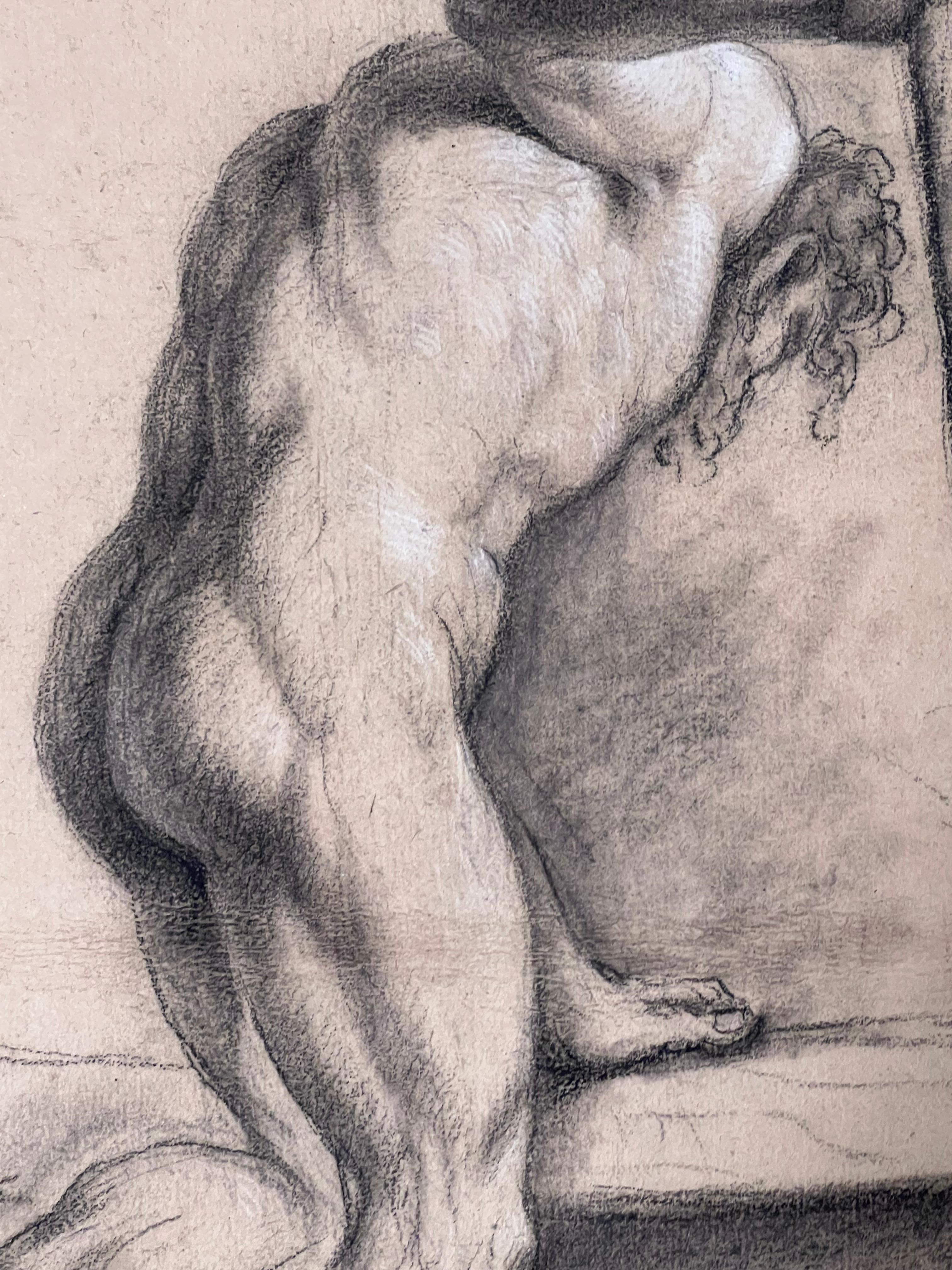 Beau dessin à la craie de maître ancien italien du 18e siècle Nu masculin avec une massue en bois - Marron Nude Painting par Giovanni Battista Tonna