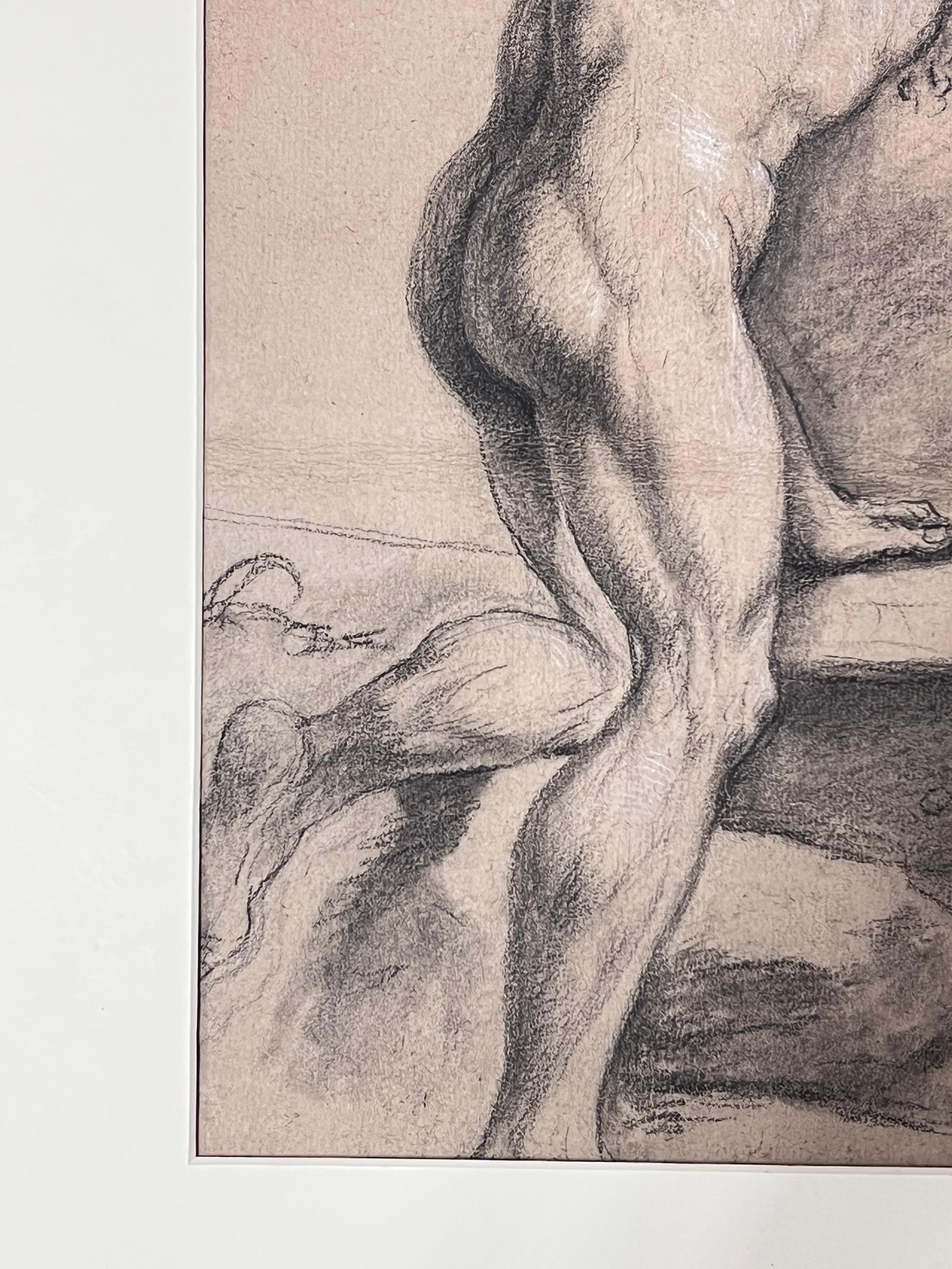 Beau dessin à la craie de maître ancien italien du 18e siècle Nu masculin avec une massue en bois en vente 1