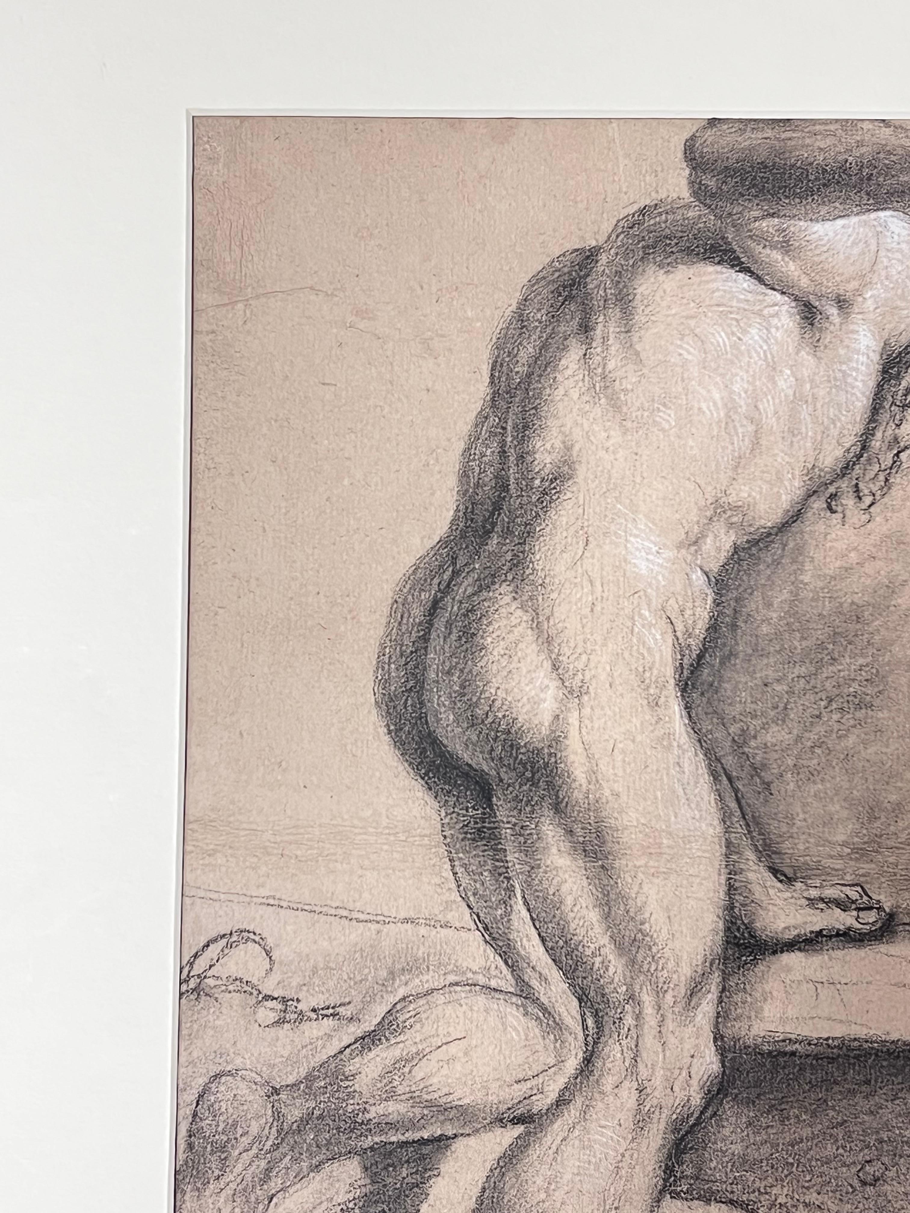 Beau dessin à la craie de maître ancien italien du 18e siècle Nu masculin avec une massue en bois en vente 2