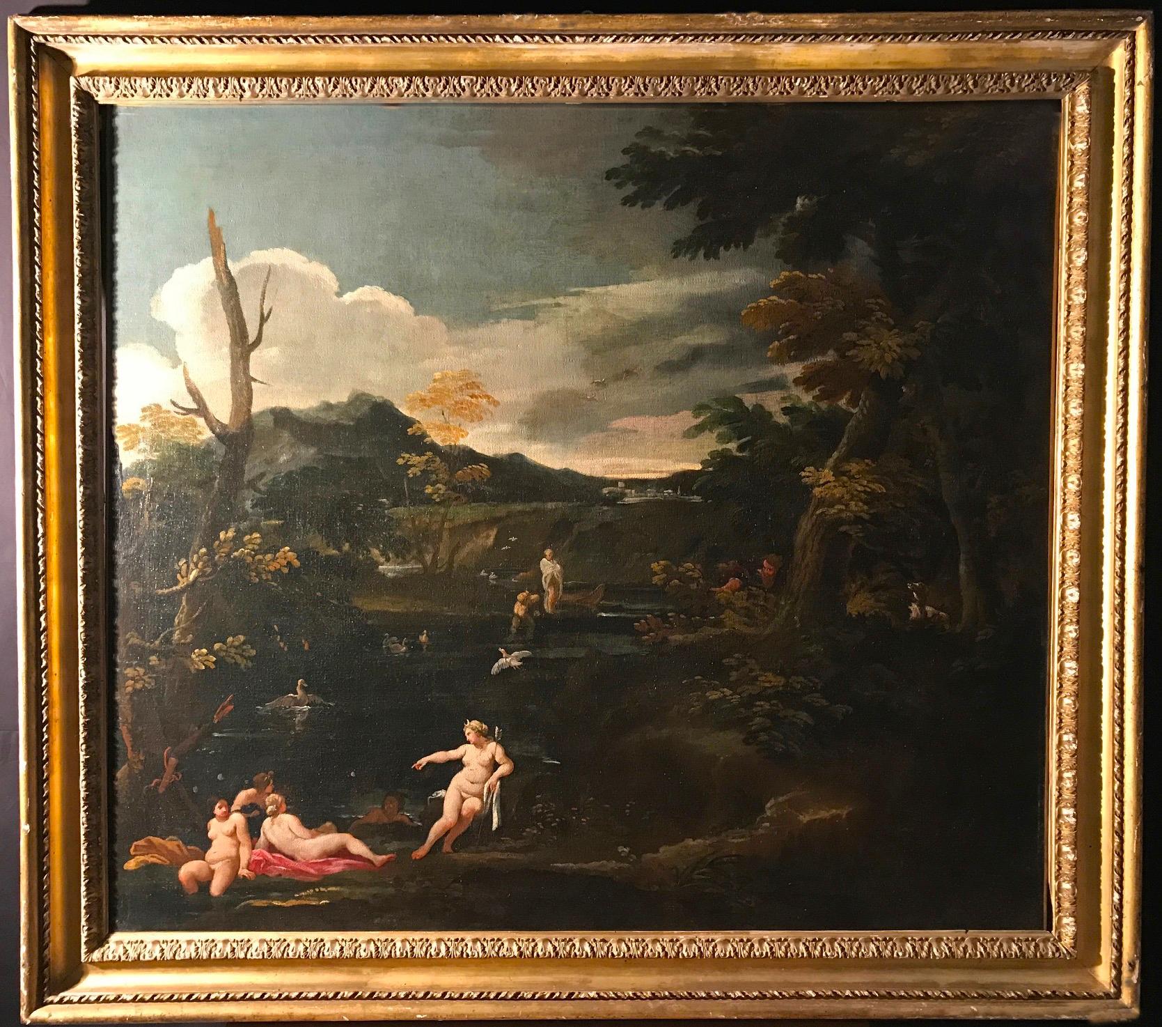 Important 17' Century Mythological Painting Diana and Actaeon Oil on Canvas  For Sale 10