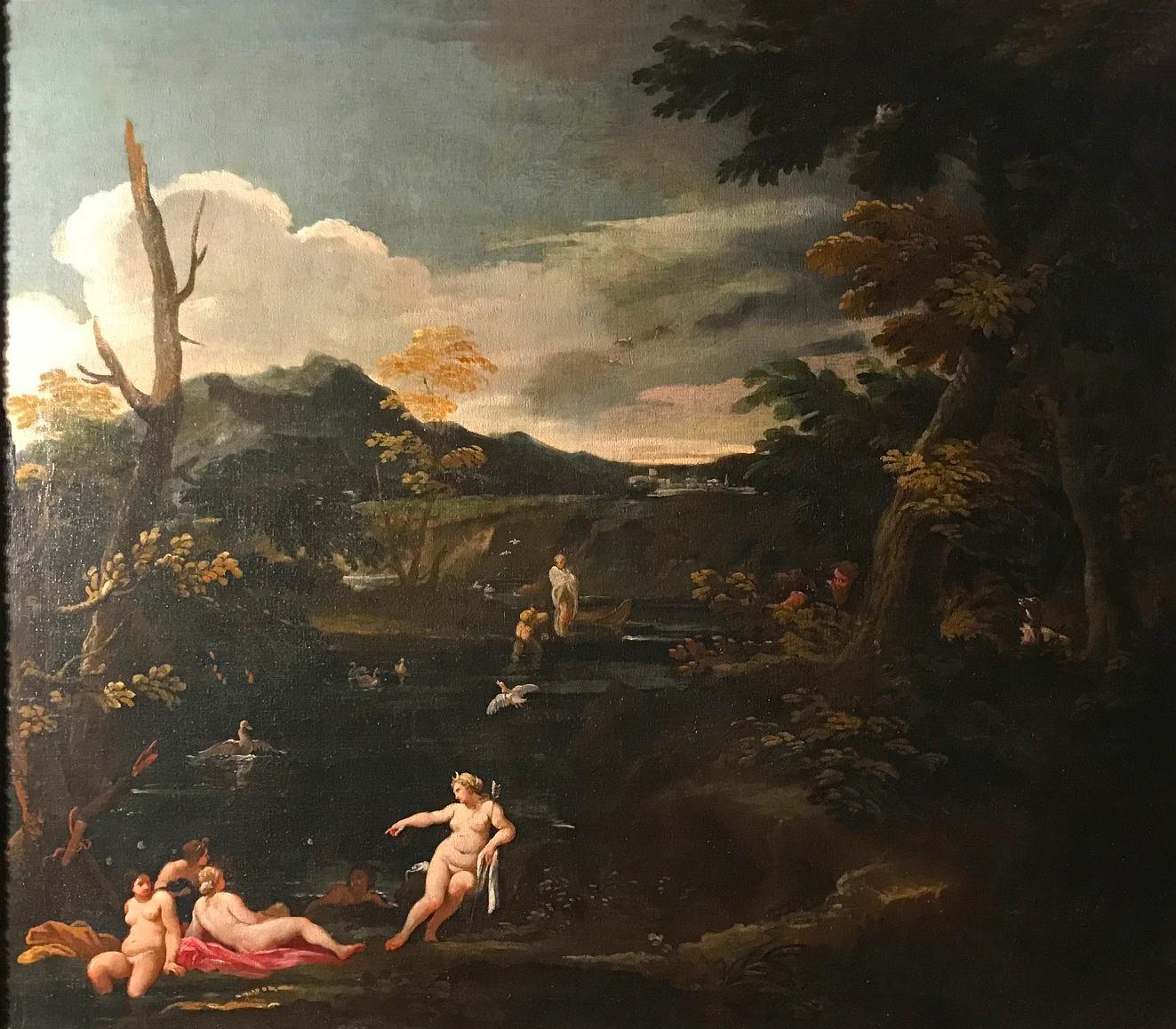 Fascinating mythological story of Diana and Actaeon can be found in Ovid’s Metamorphoses. 
Very important provenance from a royal collection.  Fabulous finely carved gilt wood coeval  frame .
Giovanni Battista Viola (June 16, 1576 – August 10, 1622)