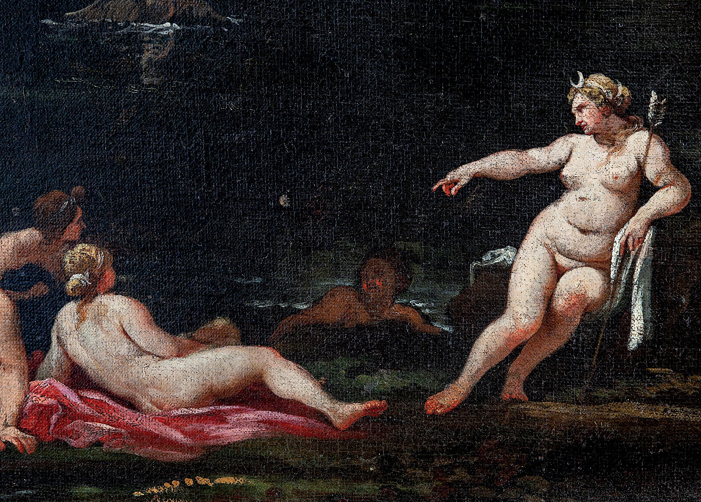 Important 17' Century Mythological Painting Diana and Actaeon Oil on Canvas  - Black Landscape Painting by Giovan Battista Viola
