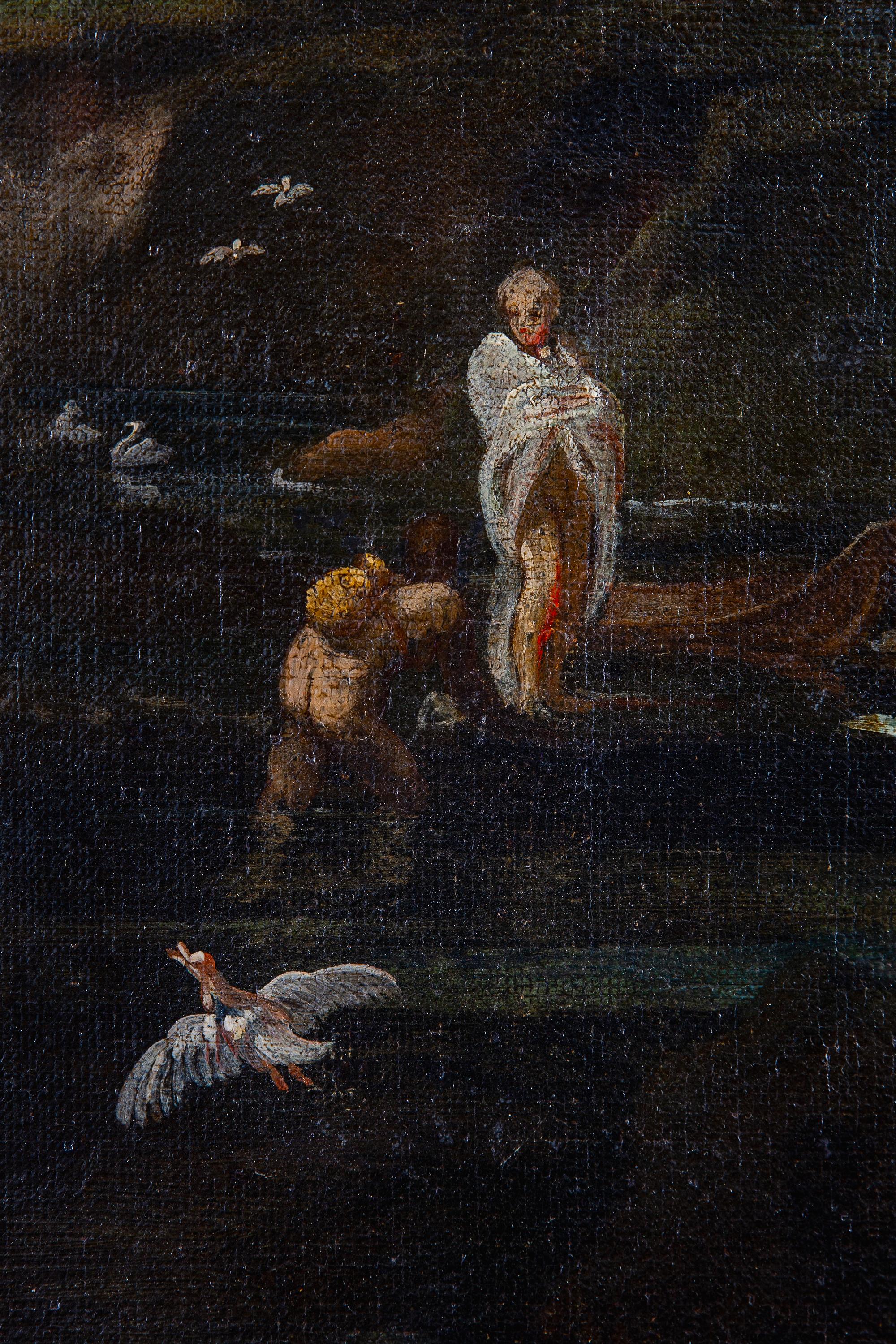 Importante peinture mythologique du XVIIe siècle Diane et actrice, huile sur toile  - Noir Landscape Painting par Giovan Battista Viola