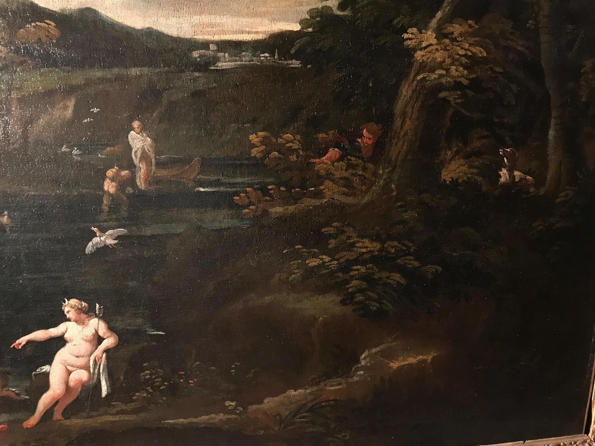 Important 17' Century Mythological Painting Diana and Actaeon Oil on Canvas  For Sale 2