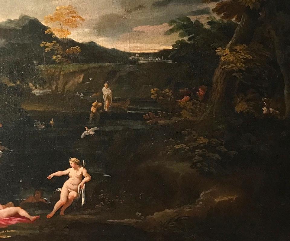 Importante peinture mythologique du XVIIe siècle Diane et actrice, huile sur toile  en vente 1