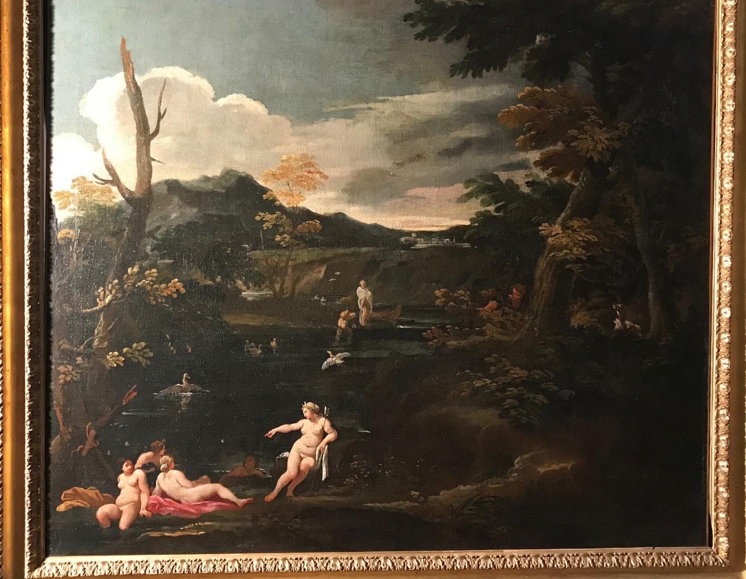 Importante peinture mythologique du XVIIe siècle Diane et actrice, huile sur toile  en vente 2