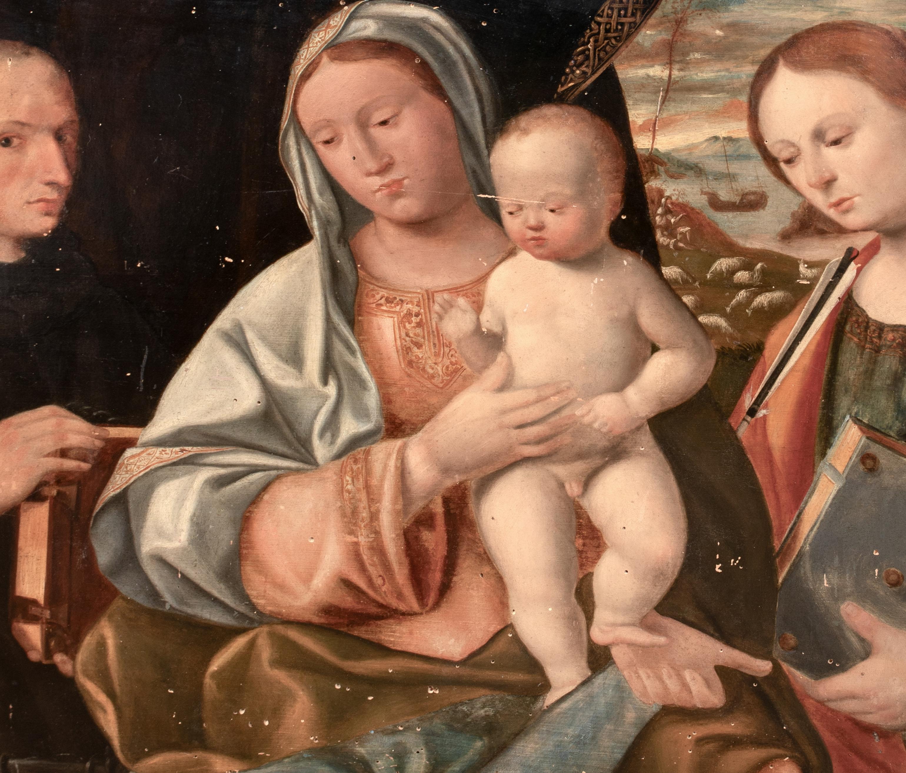 Madone et enfant avec saint Dominique et sainte Ursule, XVIe siècle  vers 1510 - Noir Portrait Painting par Giovanni Bellini