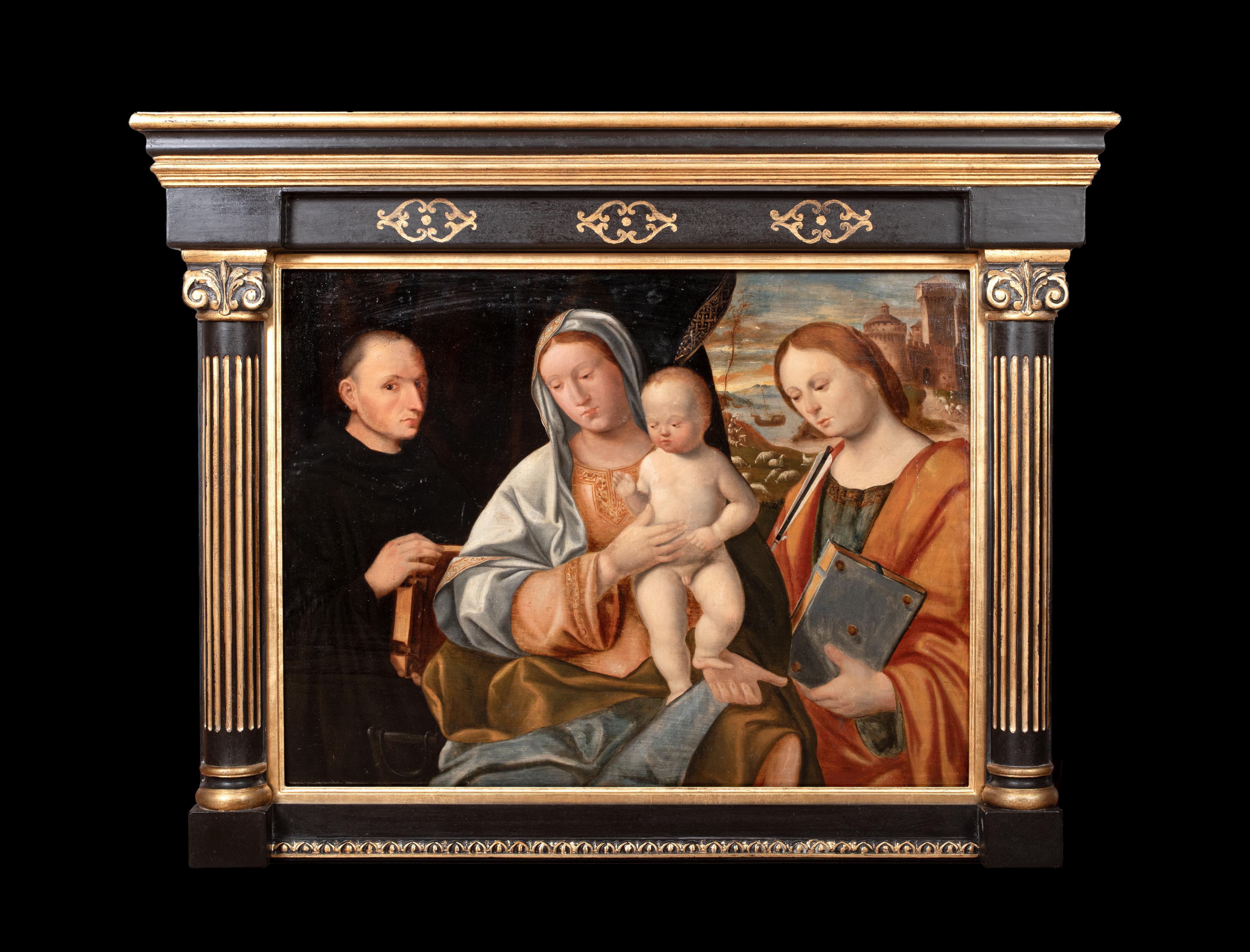 Madone et enfant avec saint Dominique et sainte Ursule, XVIe siècle  vers 1510 - Noir Portrait Painting par Giovanni Bellini