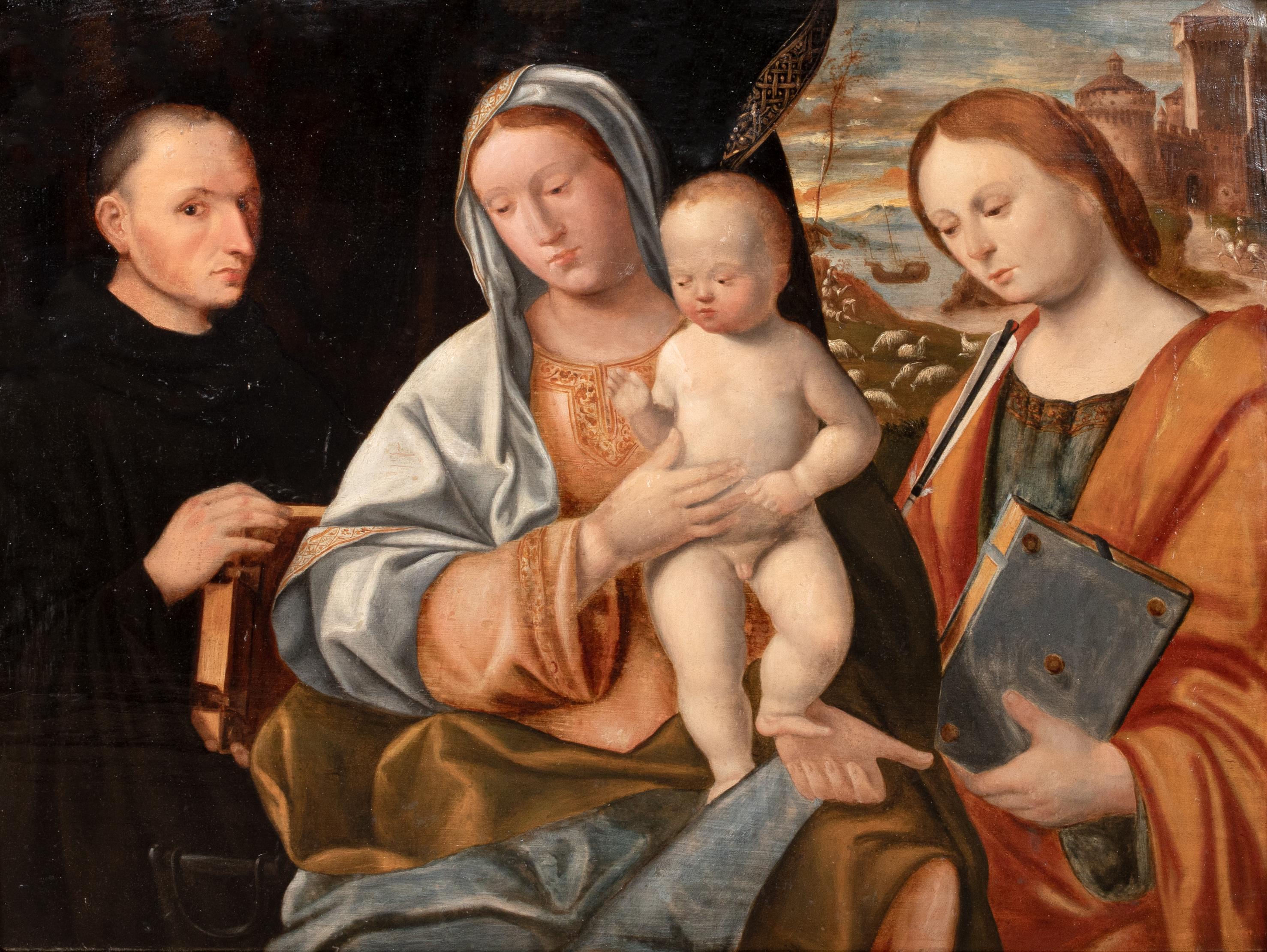 Madone et enfant avec saint Dominique et sainte Ursule, XVIe siècle

École de GIOVANNI BELLINI (1430-1516)

Grande représentation de maître ancien de l'école vénitienne vers 1500 de la Madone et de l'Enfant accompagnés de Sainte Ursule et de Saint
