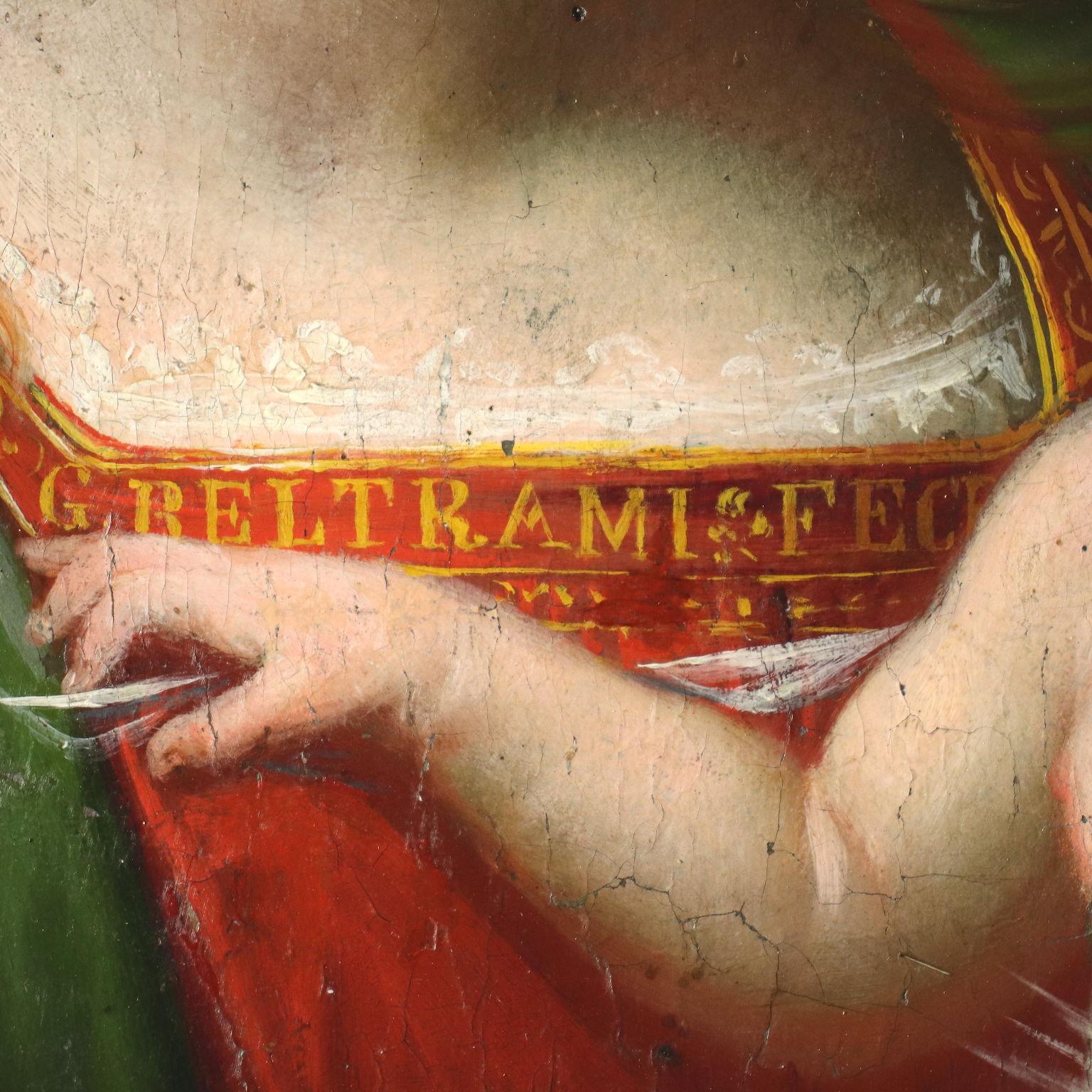Oil on panel. In the center, on the edge of the red dress, there is the inscription in ancient character 