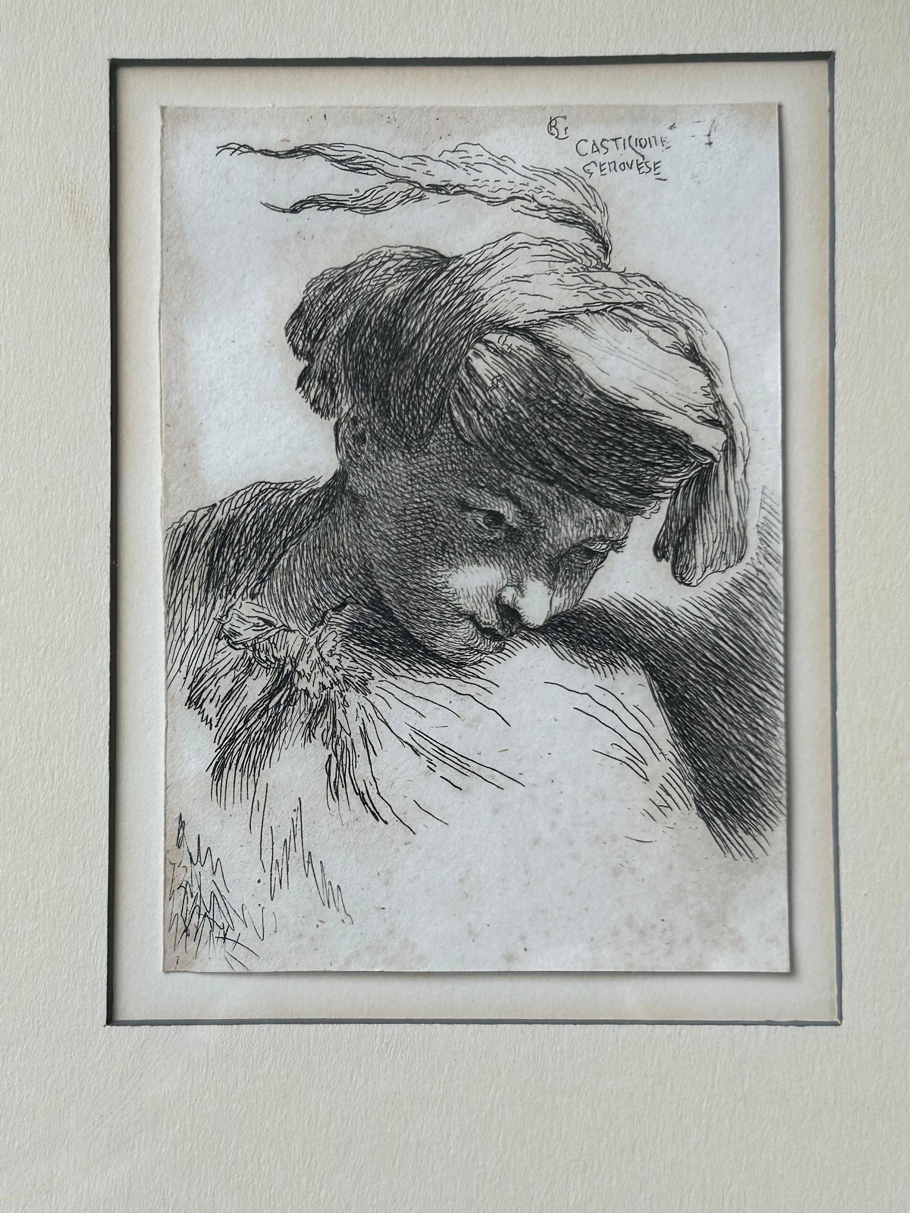 Giovanni Benedetto Castiglione, 1609-1664,  Young Man, Radierung um 1640 (Radiert) im Angebot