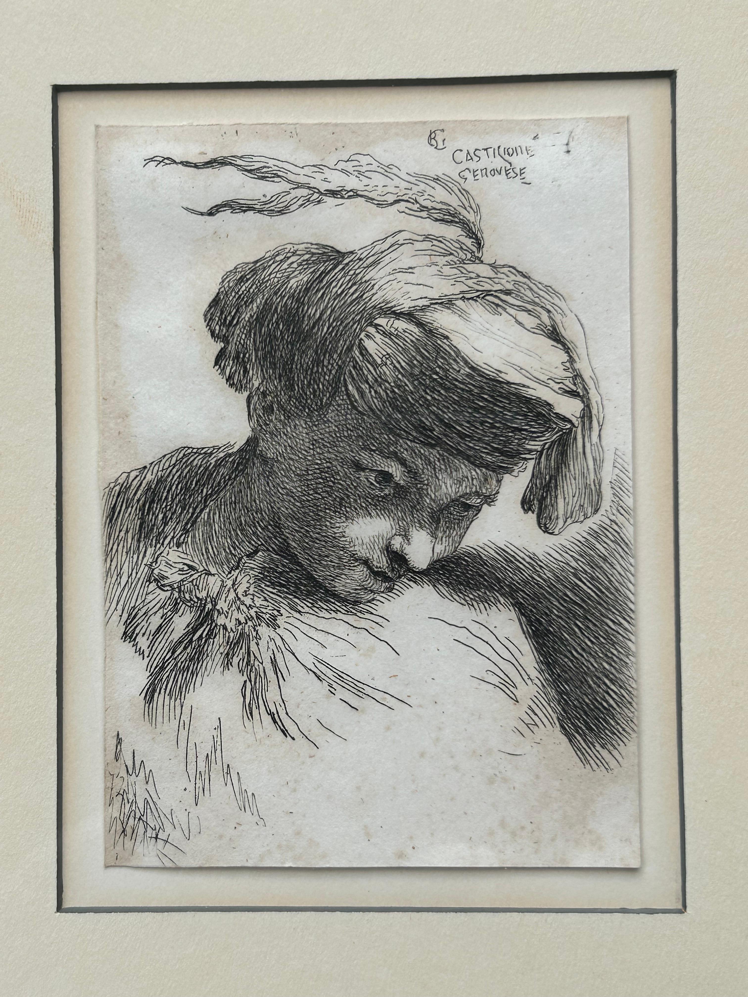 Giovanni Benedetto Castiglione, 1609-1664,  Young Man, Radierung um 1640 (18. Jahrhundert und früher) im Angebot