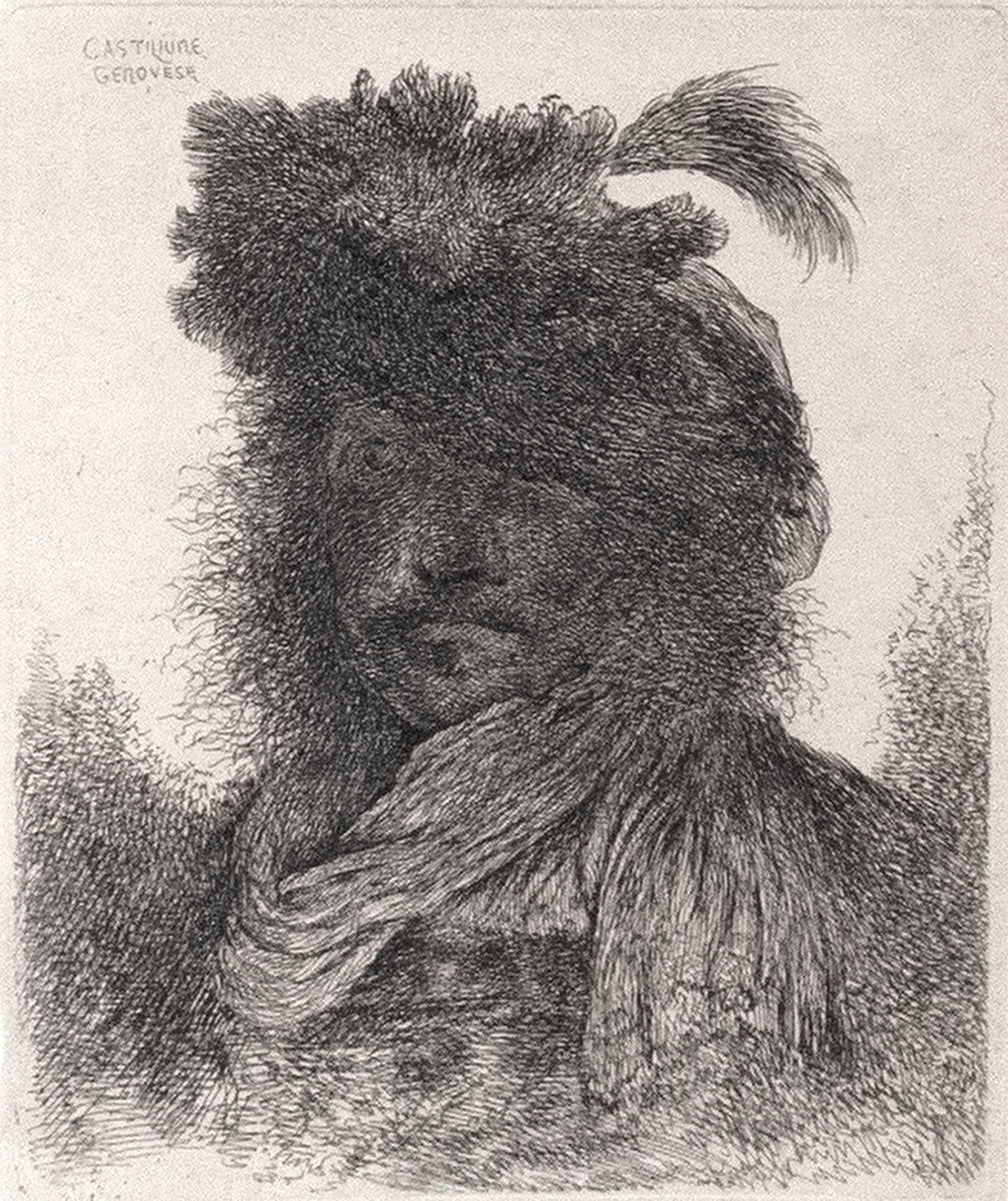 Bearded Man with Shadowed Face, Wearing a Scarf and a Plumed Hat, (3rd state)