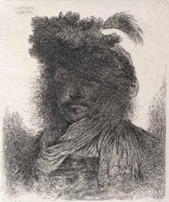 Hombre barbudo de rostro ensombrecido, con bufanda y sombrero emplumado, (3er estado)