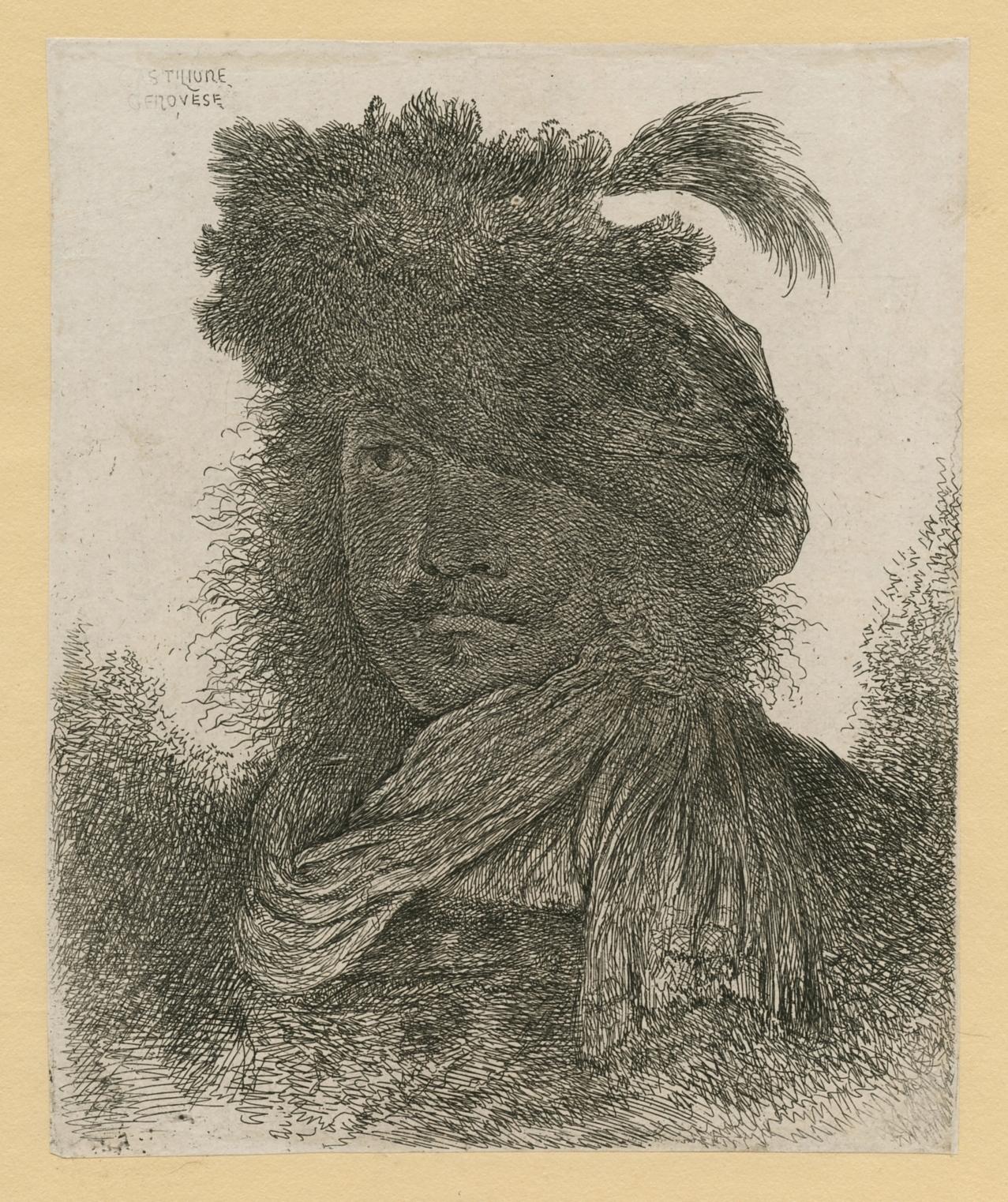 Gravure "Homme portant un chapeau de fourrure à plumes et une écharpe". - Print de Giovanni Benedetto Castiglione