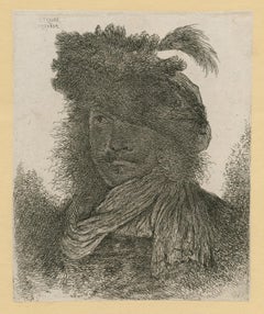 Gravure "Homme portant un chapeau de fourrure à plumes et une écharpe".