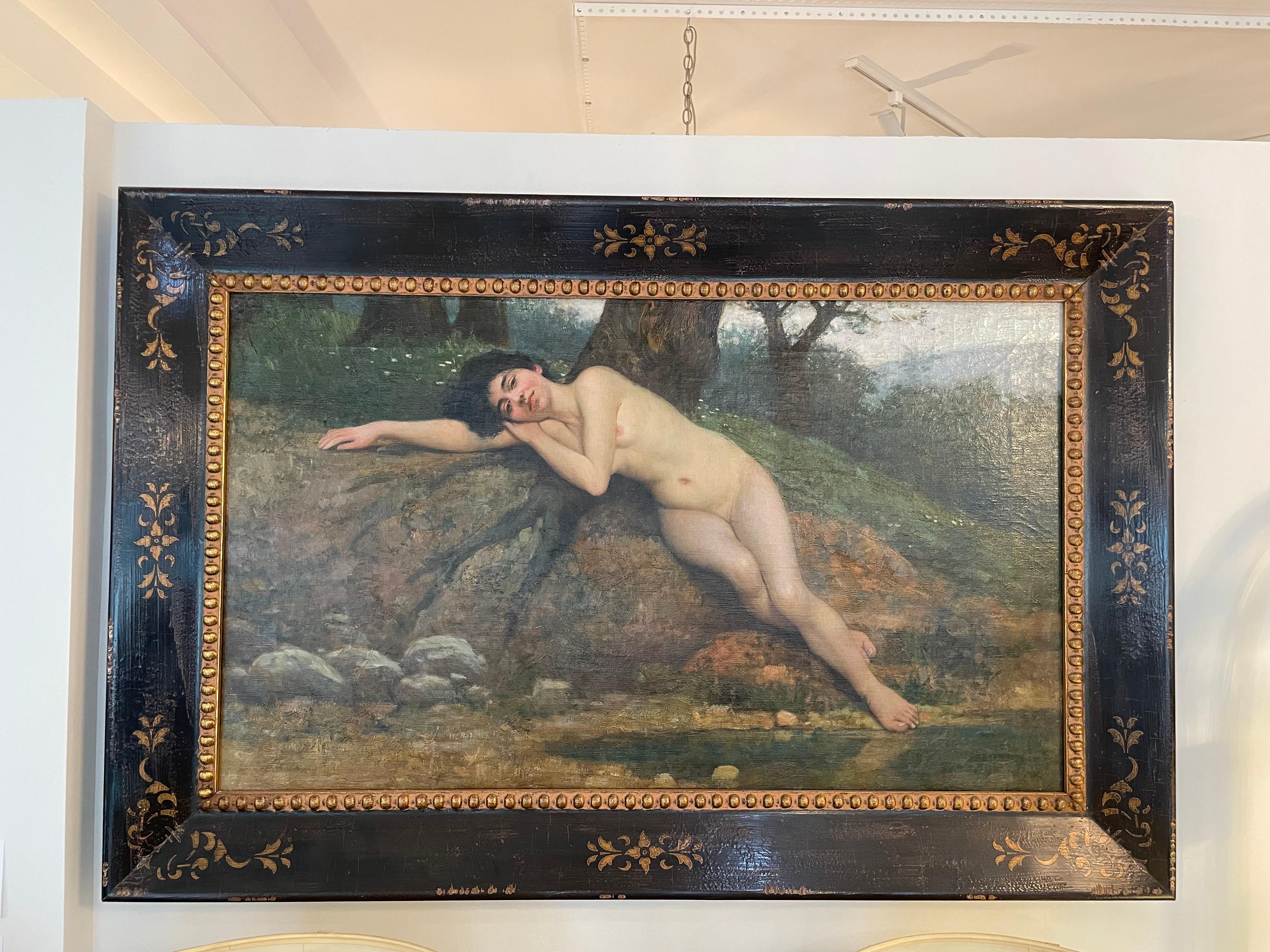 This Edwardian era painting by Giovanni Boldini of recling nude figure dates to the late 19th and early 20th century.

Note: The painting at some point was relined on the outside edges of the canvas so as to be restretched for the new