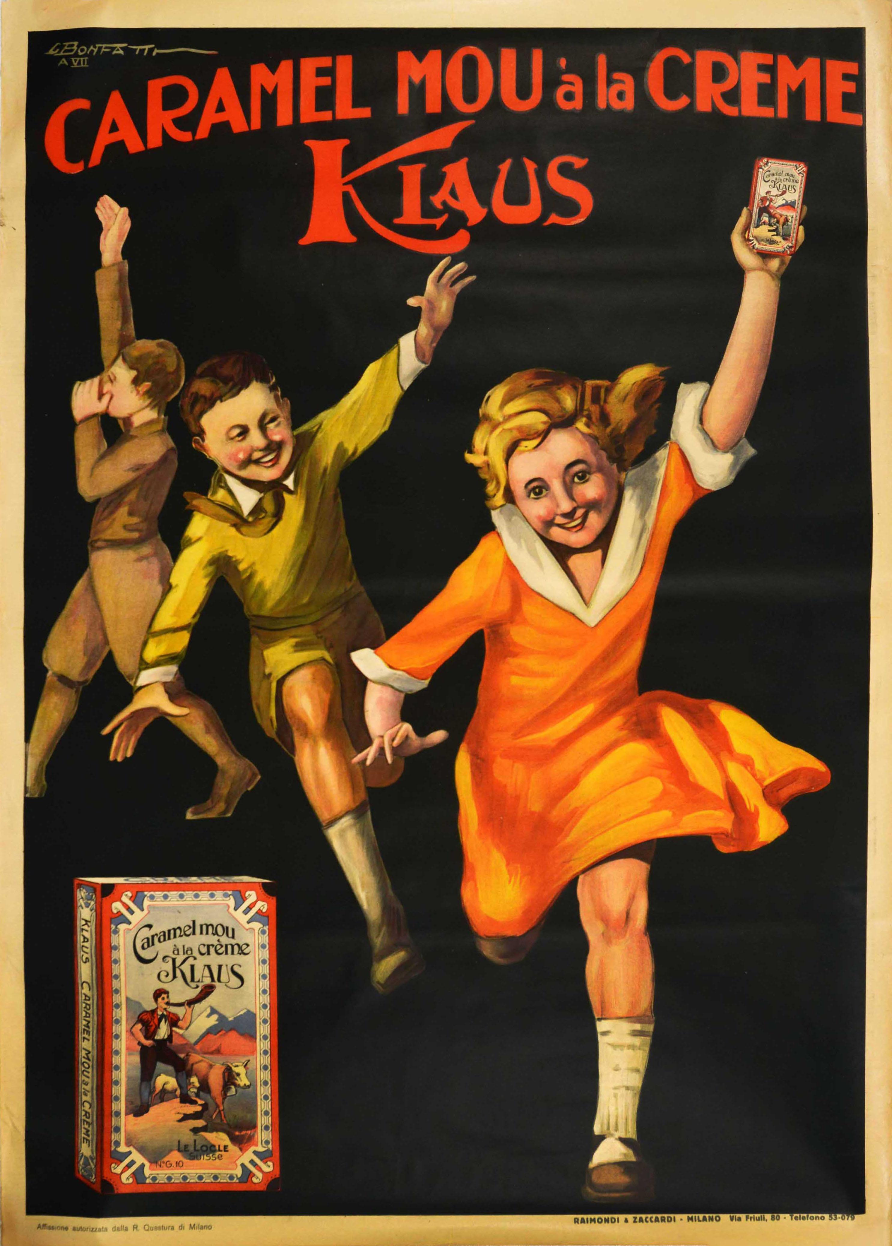 Print di Giovanni Bonfatti - Poster pubblicitario d'epoca originale per il cibo Caramel Creme Klaus Swiss Chocolate Art