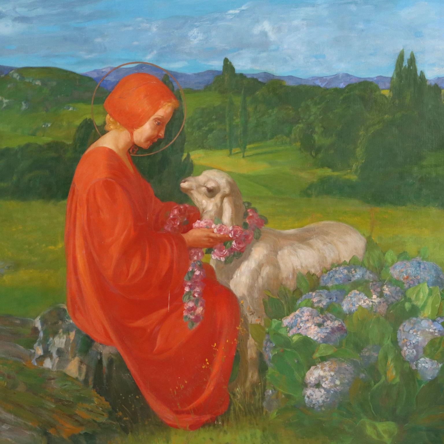 Escena pastoral con santo y cordero primera mitad del siglo XX - Painting Moderno de Giovanni Buffa
