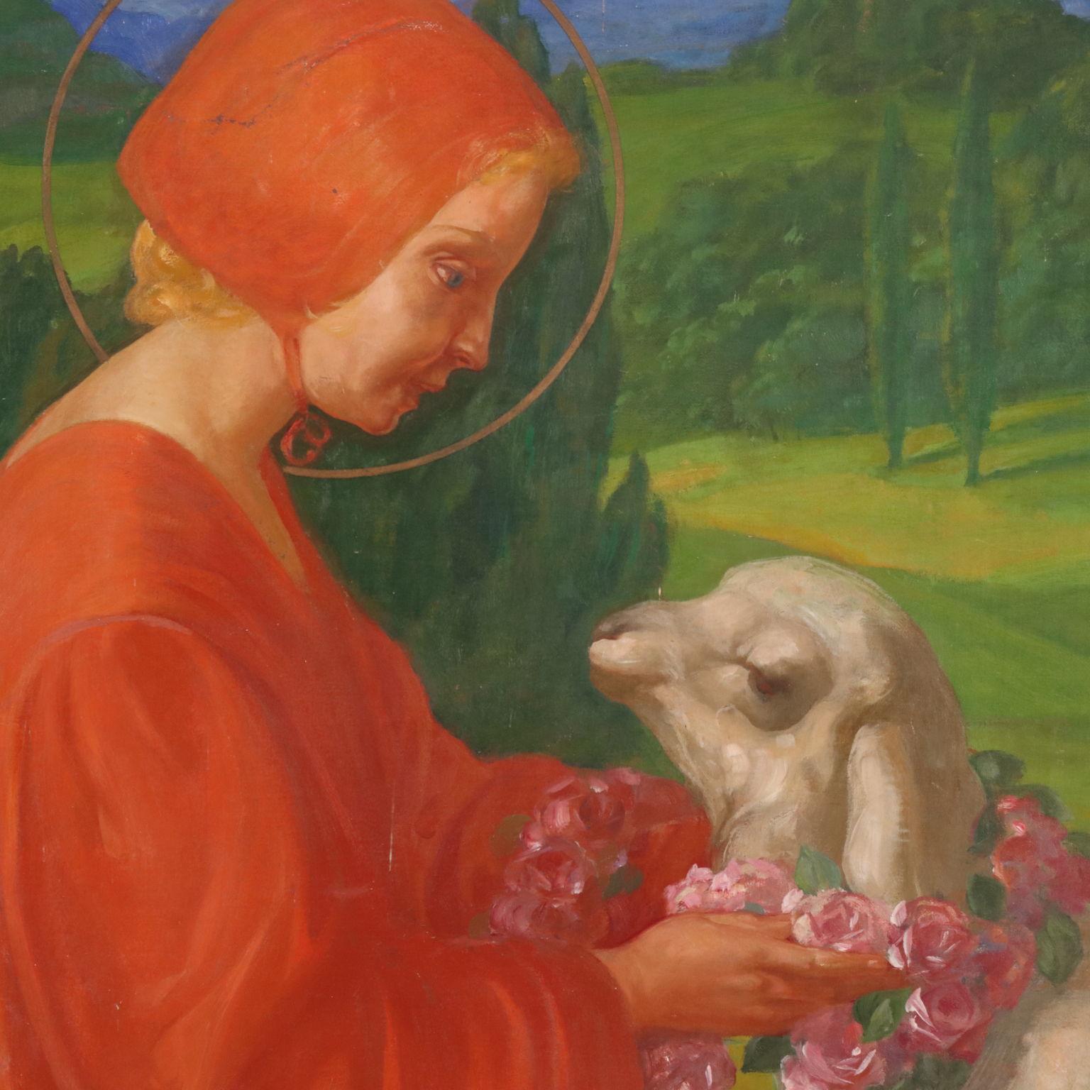 Escena pastoral con santo y cordero primera mitad del siglo XX - Figurative Painting Black de Giovanni Buffa
