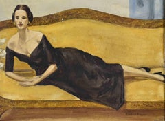 Elegant Lady Reclining on a Yellow Sofa - Oil Paint - Early 20th Century