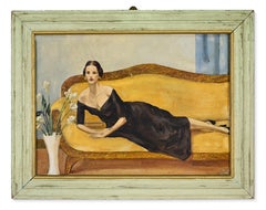 Elegant Lady Reclining on a Yellow Sofa - Oil Paint - Early 20th Century