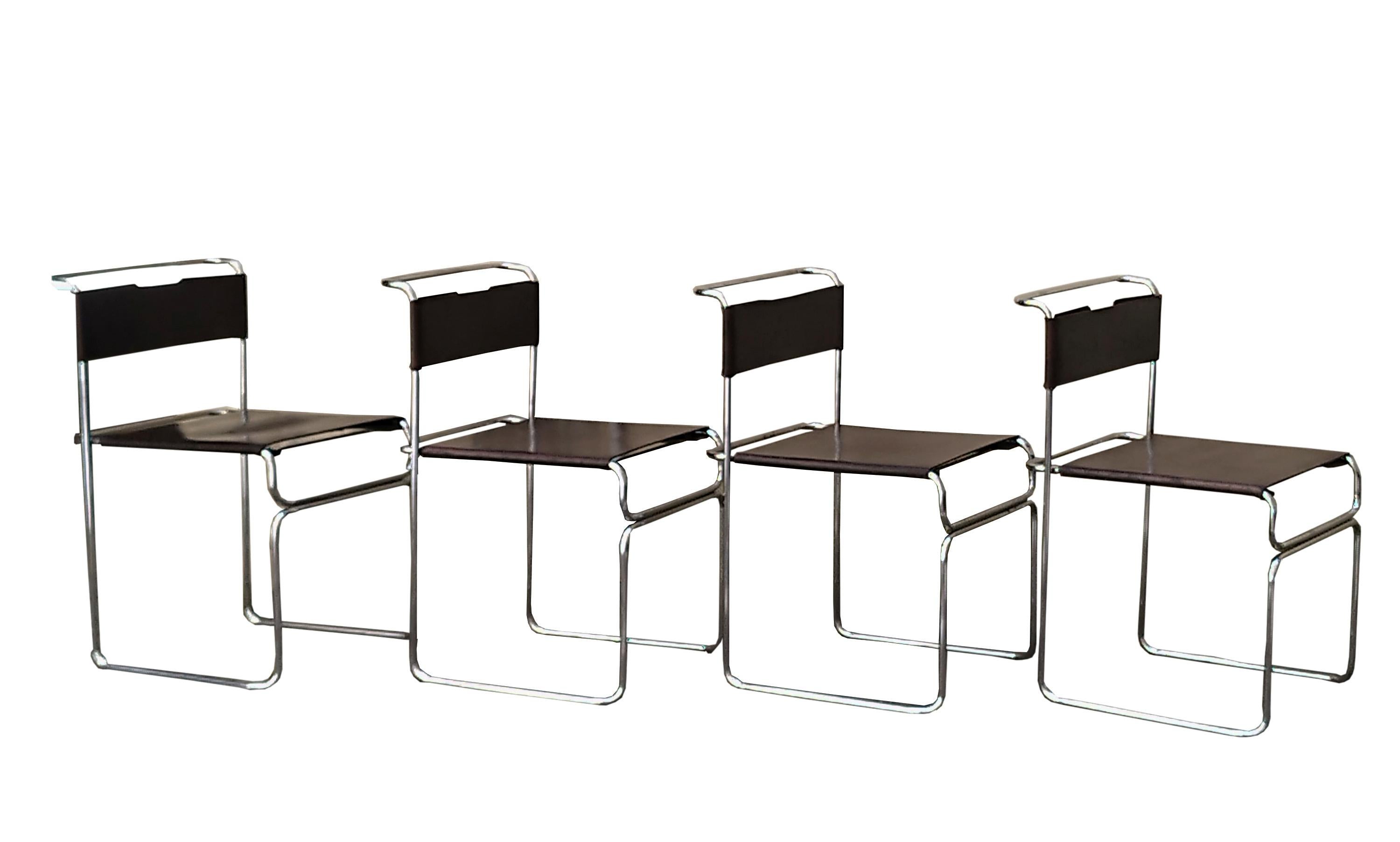 Set of four chairs Mod. Libellula, design by Giovanni Carini made for Planula,1970 stackable with chromed metal rod frame and leather seat and back.
Fair condition, some signs of time on the seat and back.