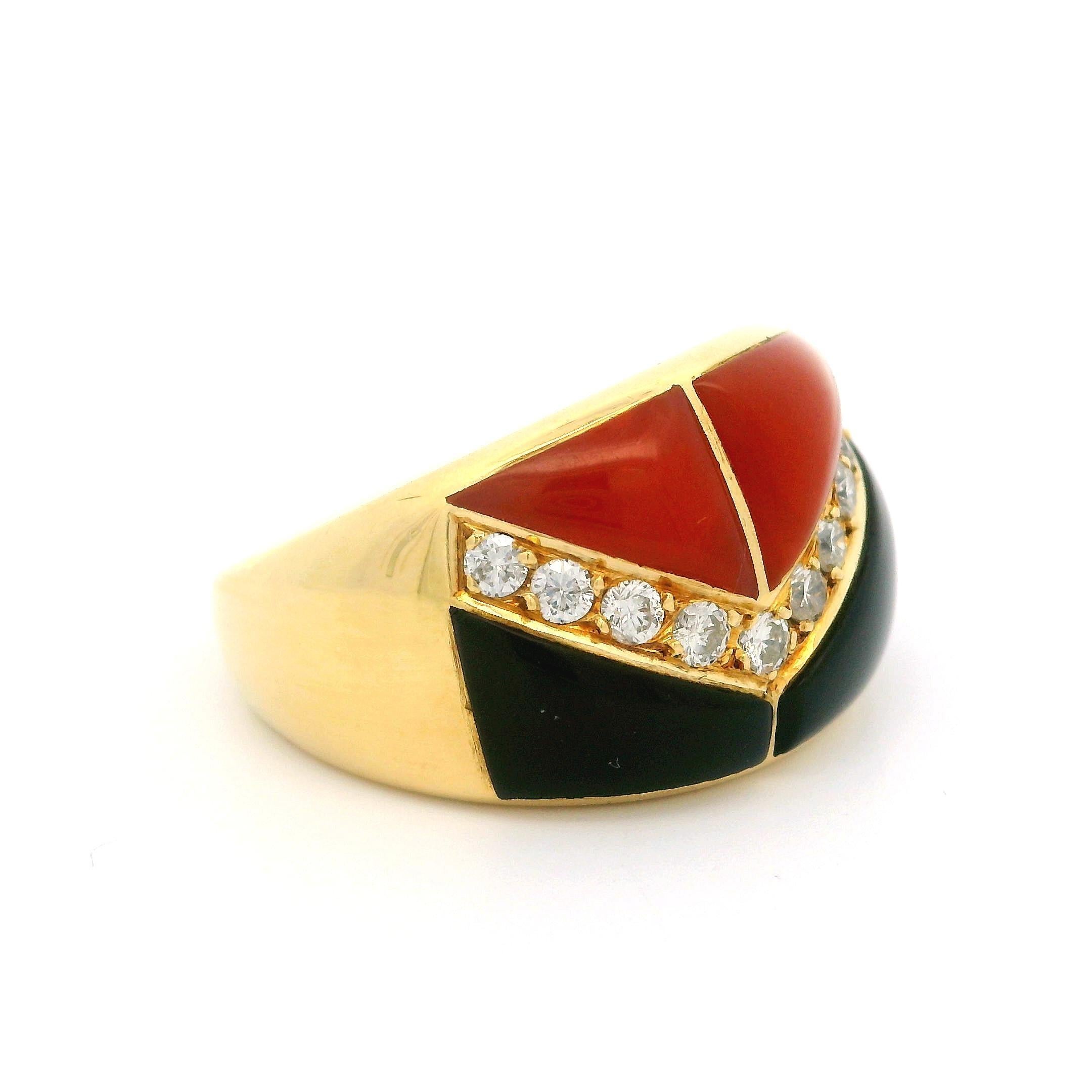 --Stone(s):--
(2) Natural Genuine Black Onyx - Custom Cut - Inlaid Set - Black Color
(2) Natural Genuine Coral- Custom Cut - Inlaid Set - Orange Color
(11) Natural Genuine Diamonds - Round Brilliant Cut - Pave Set - F/G Color - VS1/VS2 Clarity -