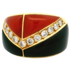 Giovanni Chilleri 18k Yellow Gold Inlaid Coral & Black Onyx w/ Diamond Band Ring