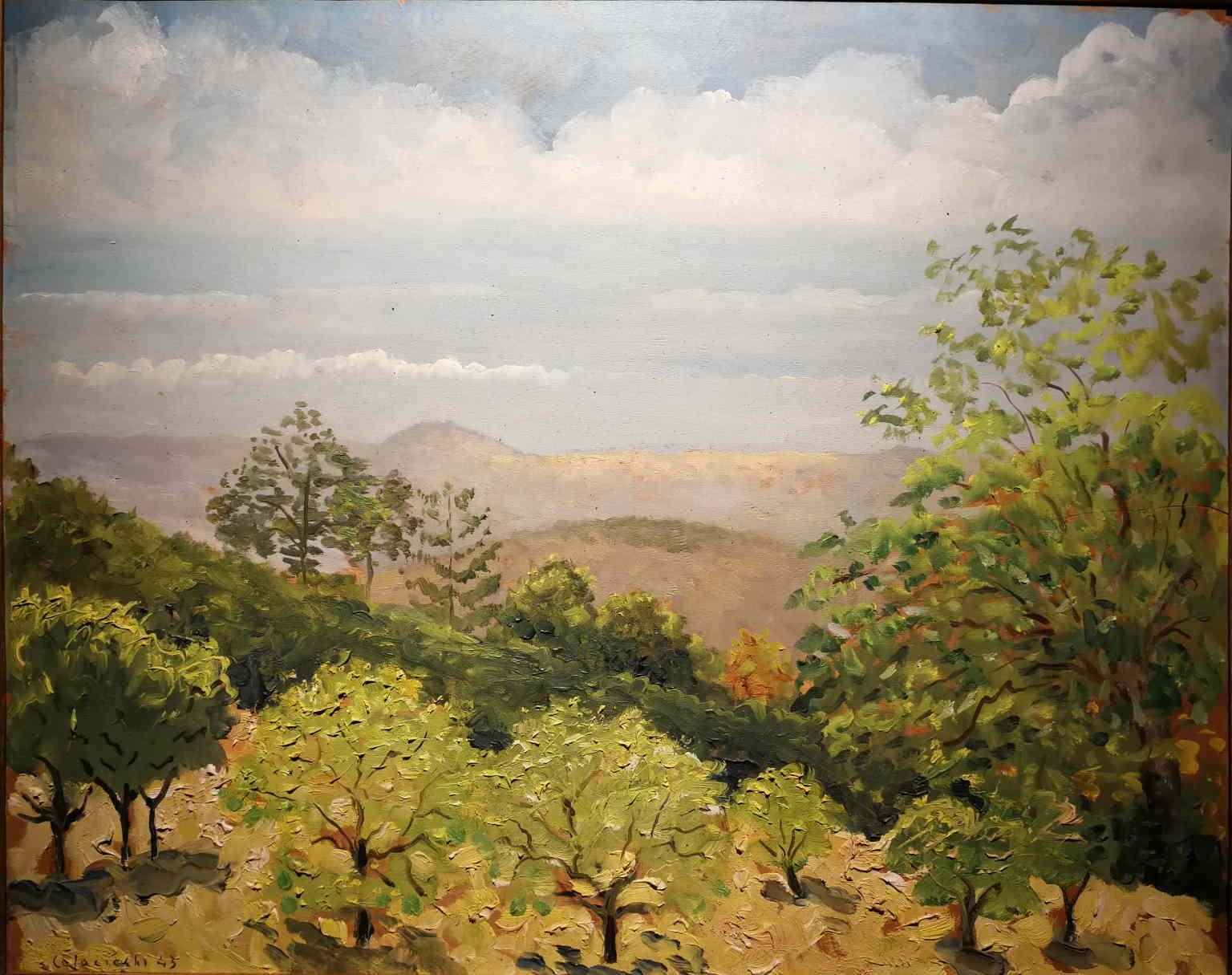 Dipinto figurativo paesaggio toscano del XX secolo olio su tavola - Painting di Giovanni Colacicchi