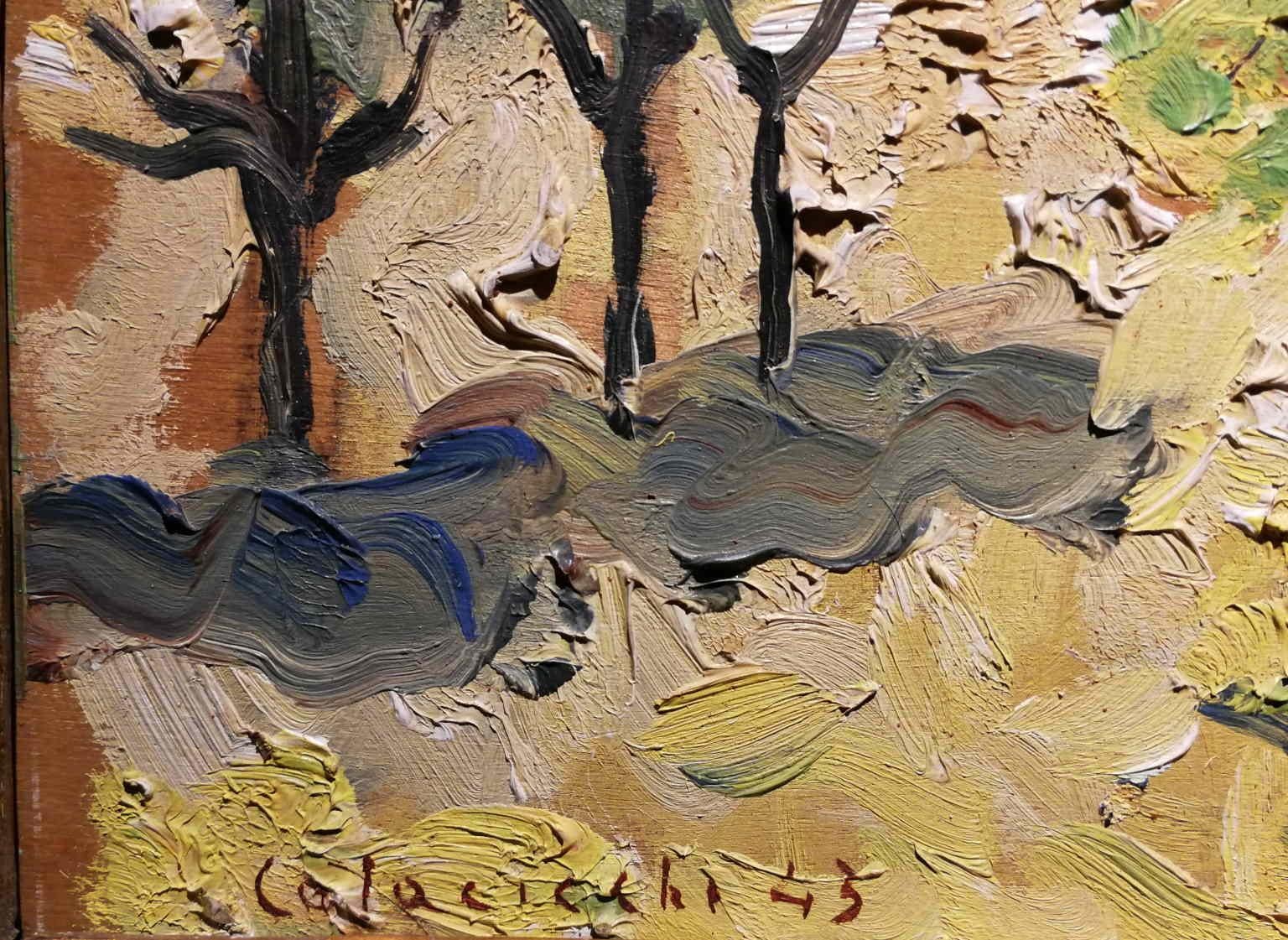 Dipinto figurativo paesaggio toscano del XX secolo olio su tavola - Landscape Painting Marrone di Giovanni Colacicchi