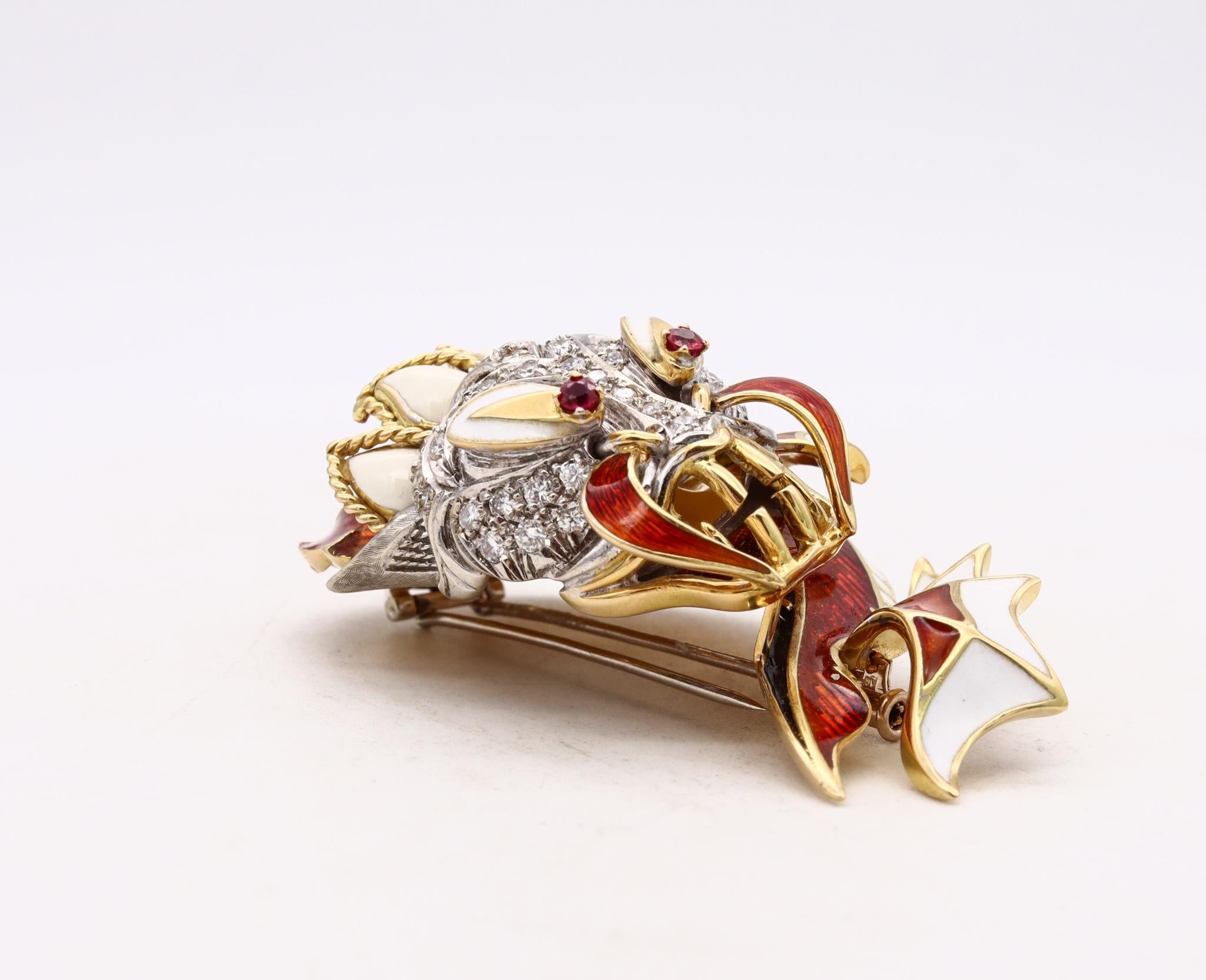 Giovanni Corletto 1960 Enameled Chinoiserie Dragon Brooch 18Kt Gold And Diamonds For Sale 2