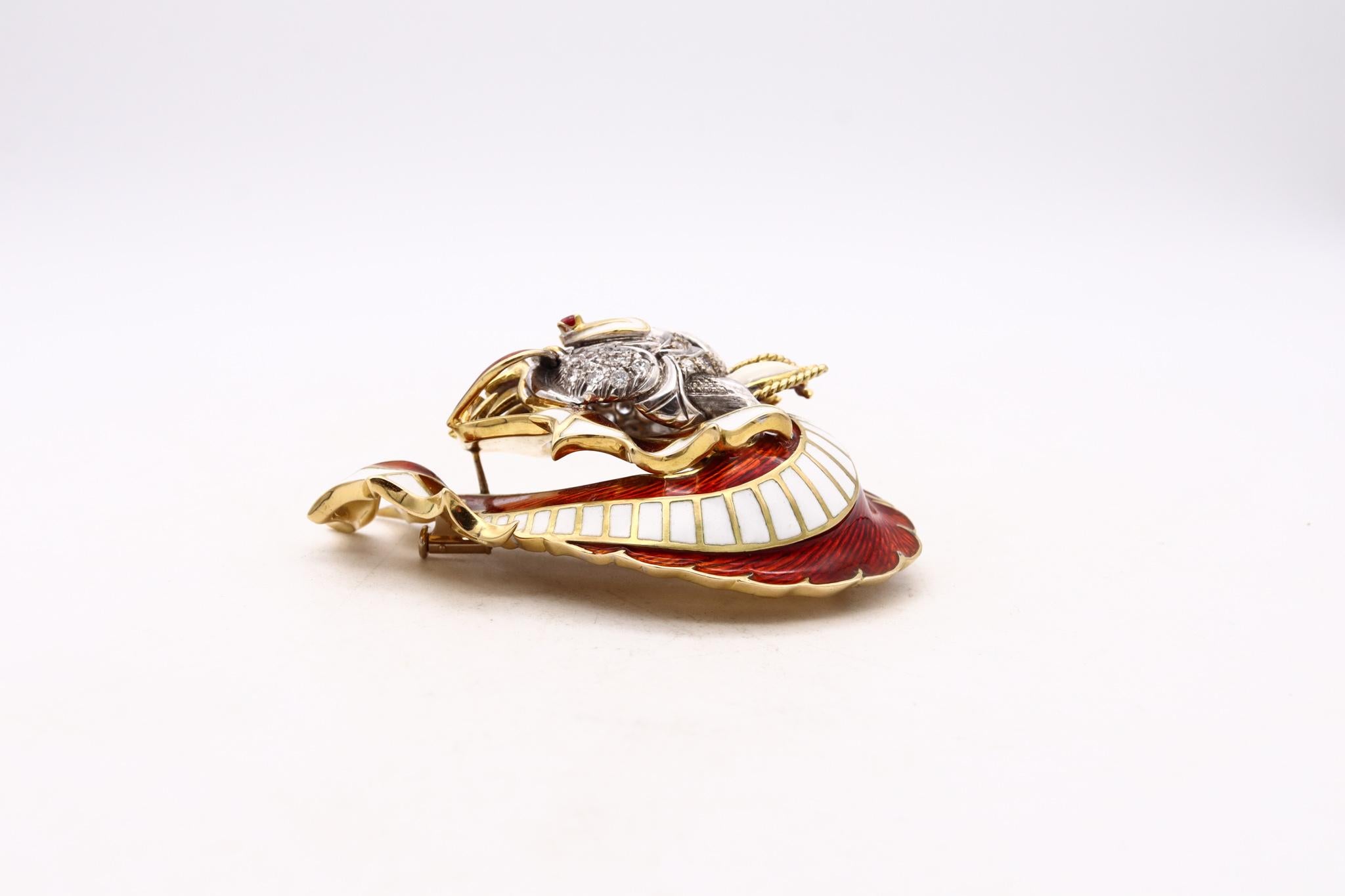 Giovanni Corletto 1960 Enameled Chinoiserie Dragon Brooch 18Kt Gold And Diamonds For Sale 3