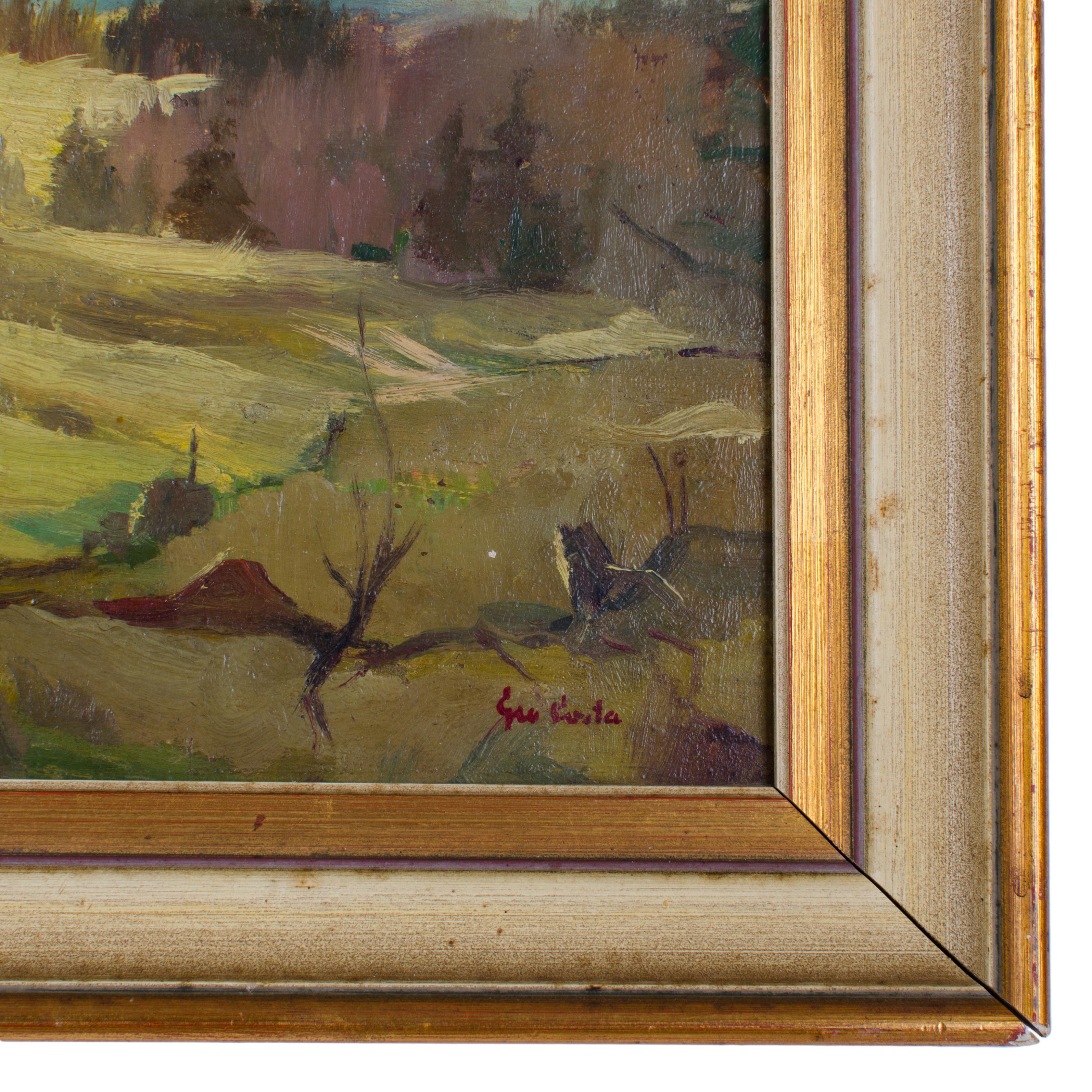 Giovanni Costa Huile sur carton Peinture de paysage Bon état - En vente à Savannah, GA