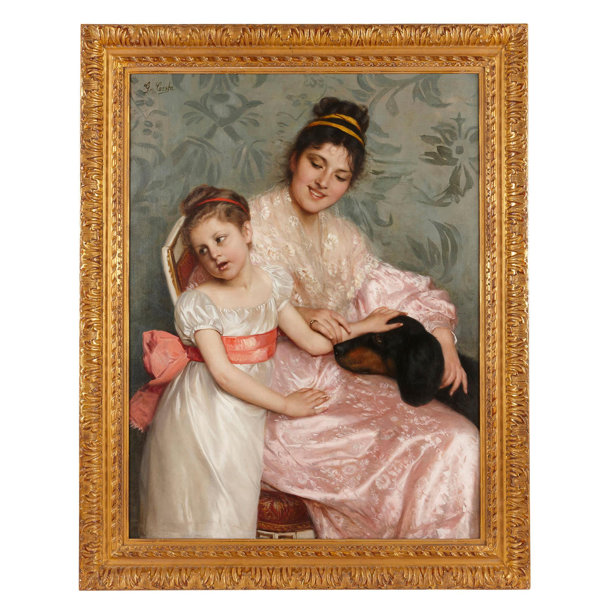 Giovanni Costa Oil On Canvas Painting Of Mother Child And Dog