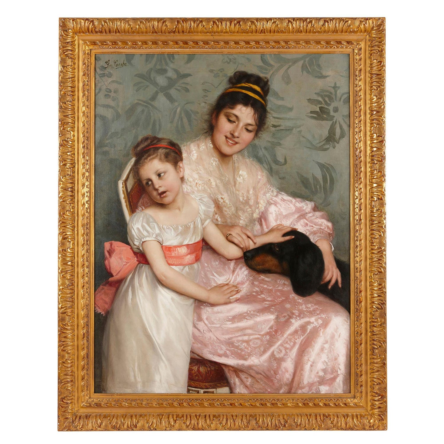 Giovanni Costa Oil On Canvas Painting Of Mother Child And Dog