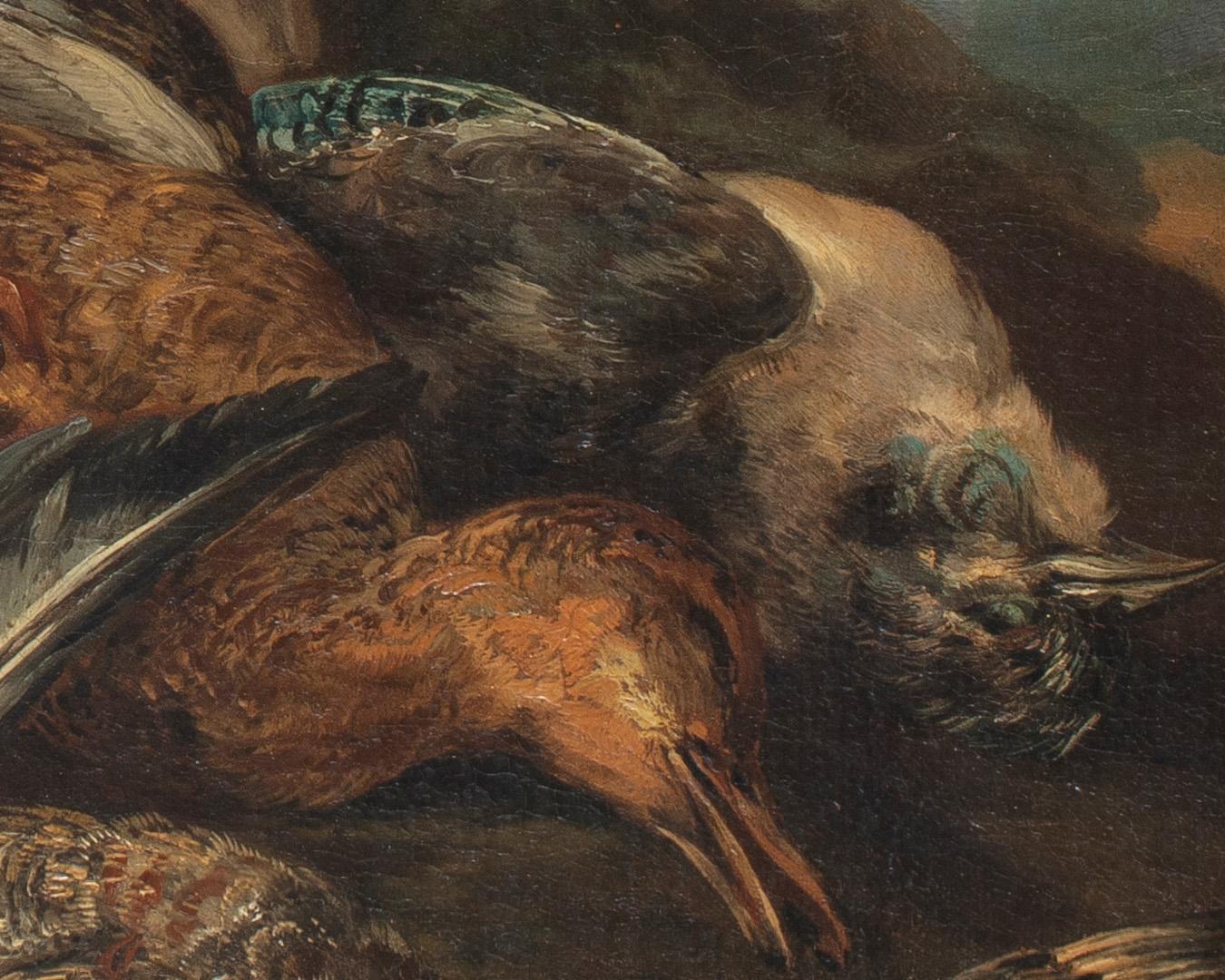 18th Century by Giovanni Crivelli Still life with dog and game Oil on canvas (Schwarz), Still-Life Painting, von Giovanni Crivelli, known as Il Crivellino 