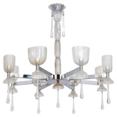 Giovanni dalla Fina Murano Glass Irridato Eight-Light Chrome Chandelier, 1980s