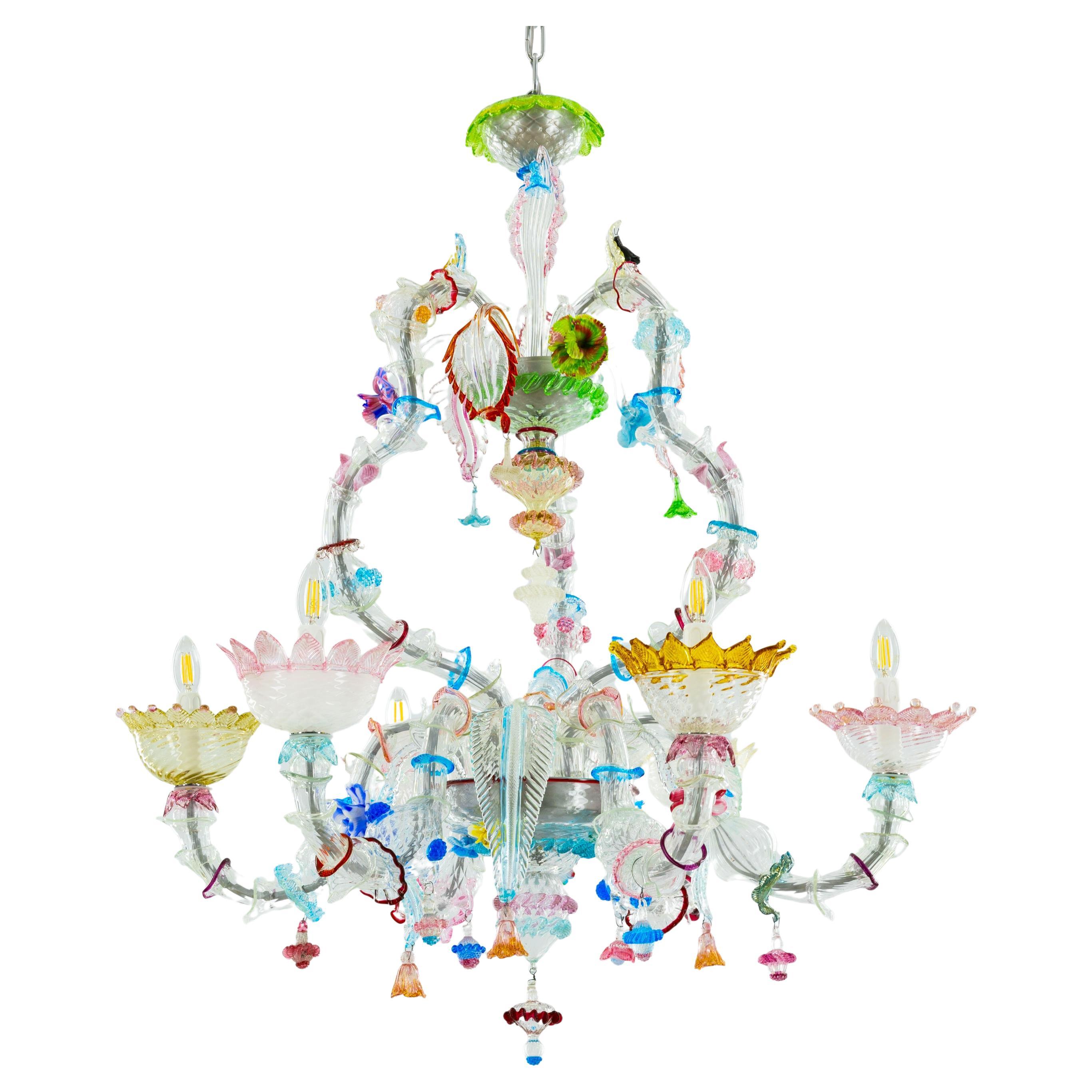 Lámpara de araña floral de cristal de Murano italiana, multicolor, década de los 80 — Giovanni Dalla Fina