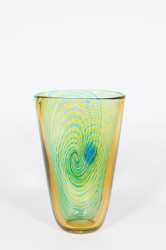 Giovanni Dalla Fina Murano Glass Vortex Vase in Green and Orange, Italy, 1980s