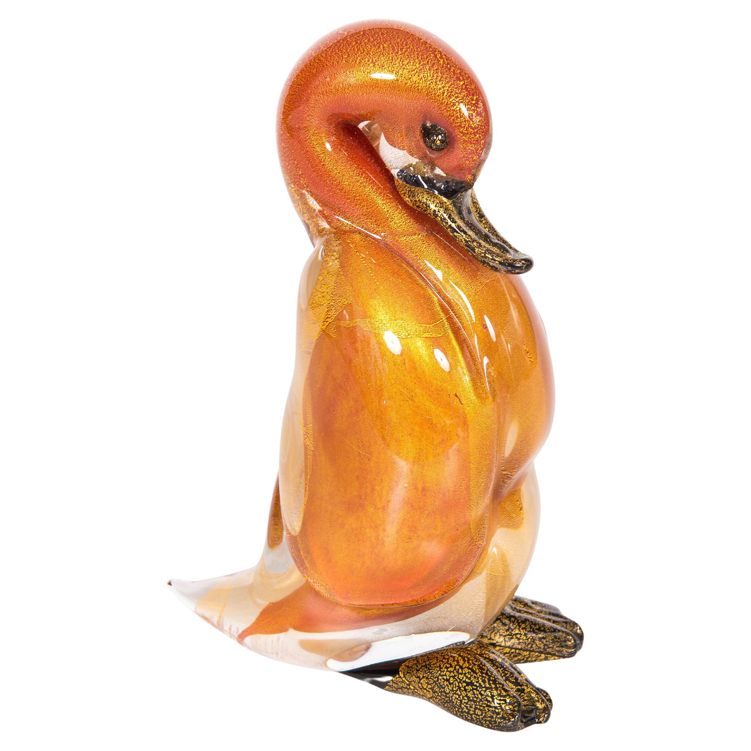 Giovanni Dalla Fina Murano Sommerso Glass Duck Sculpture with Gold Aventurine
