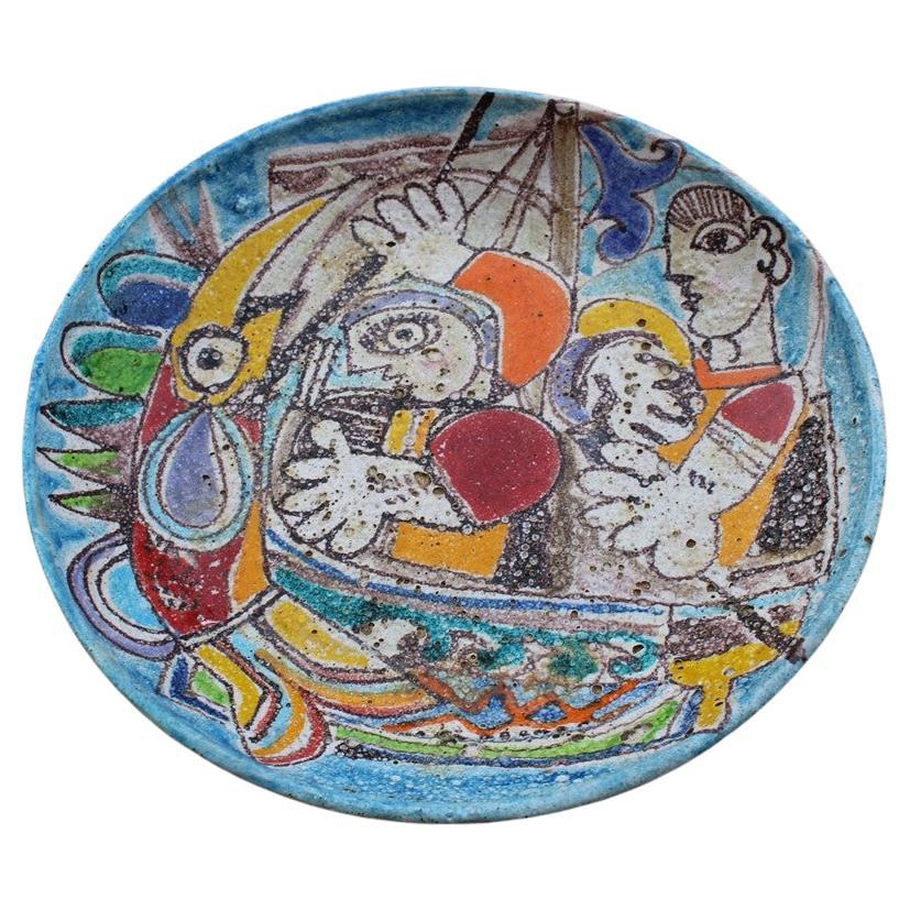 Giovanni de Simone 1970s Ceramic Plate with Slaughter Multicolored Fish, Italy