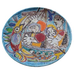 Giovanni de Simone 1970s Ceramic Plate with Slaughter Multicolored Fish, Italy