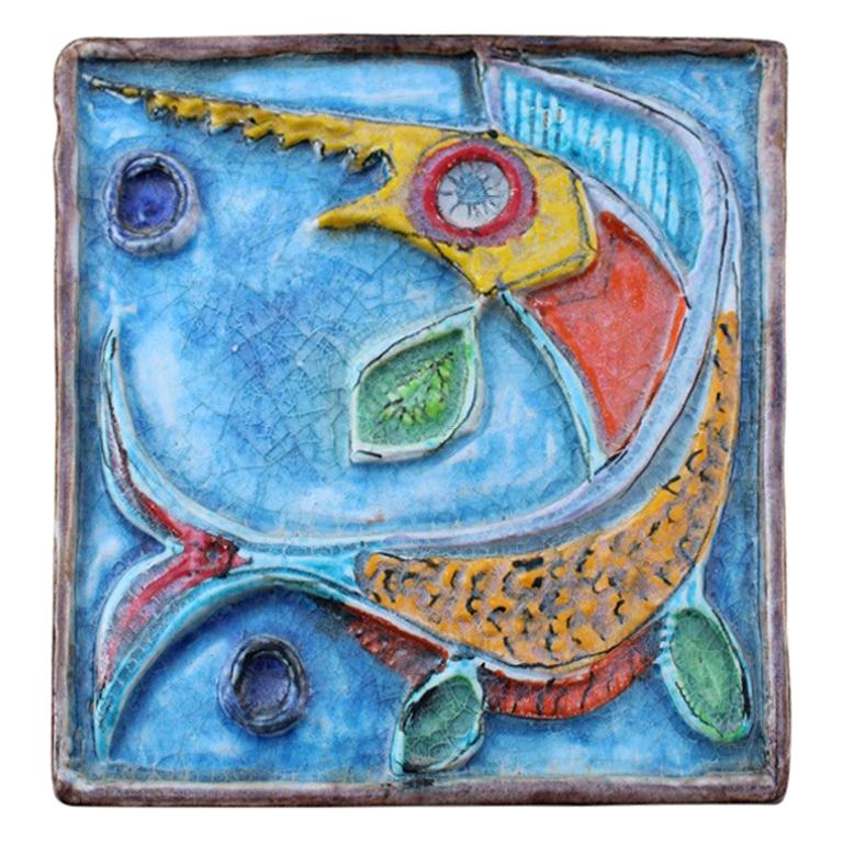 Giovanni de Simone Ceramic Tile Italian Design Multi-Color Swordfish Marlin 1970 For Sale