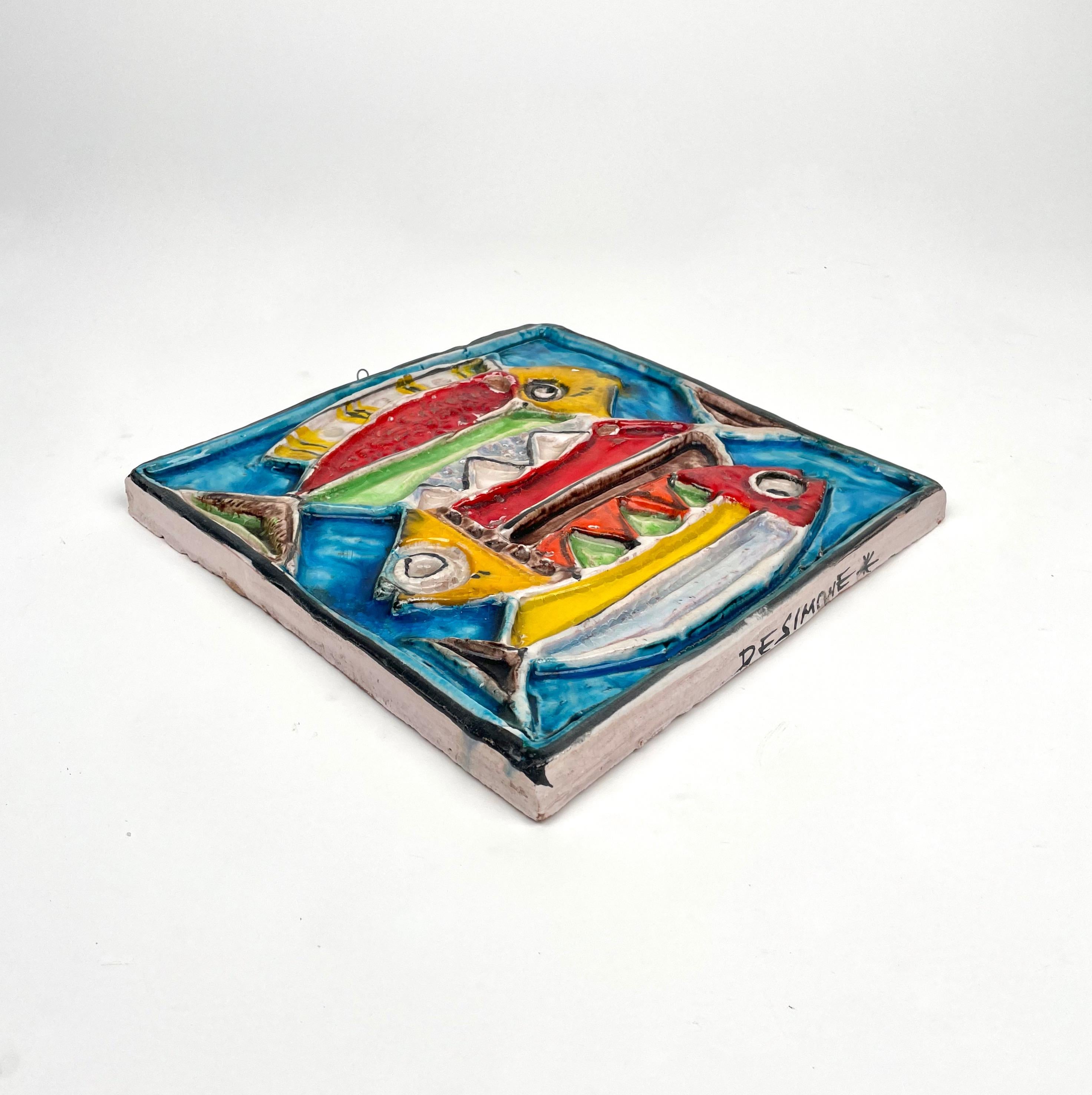 Italian Giovanni de Simone Colored Ceramic Fish Squared Tile Plate, Italy 1960s For Sale