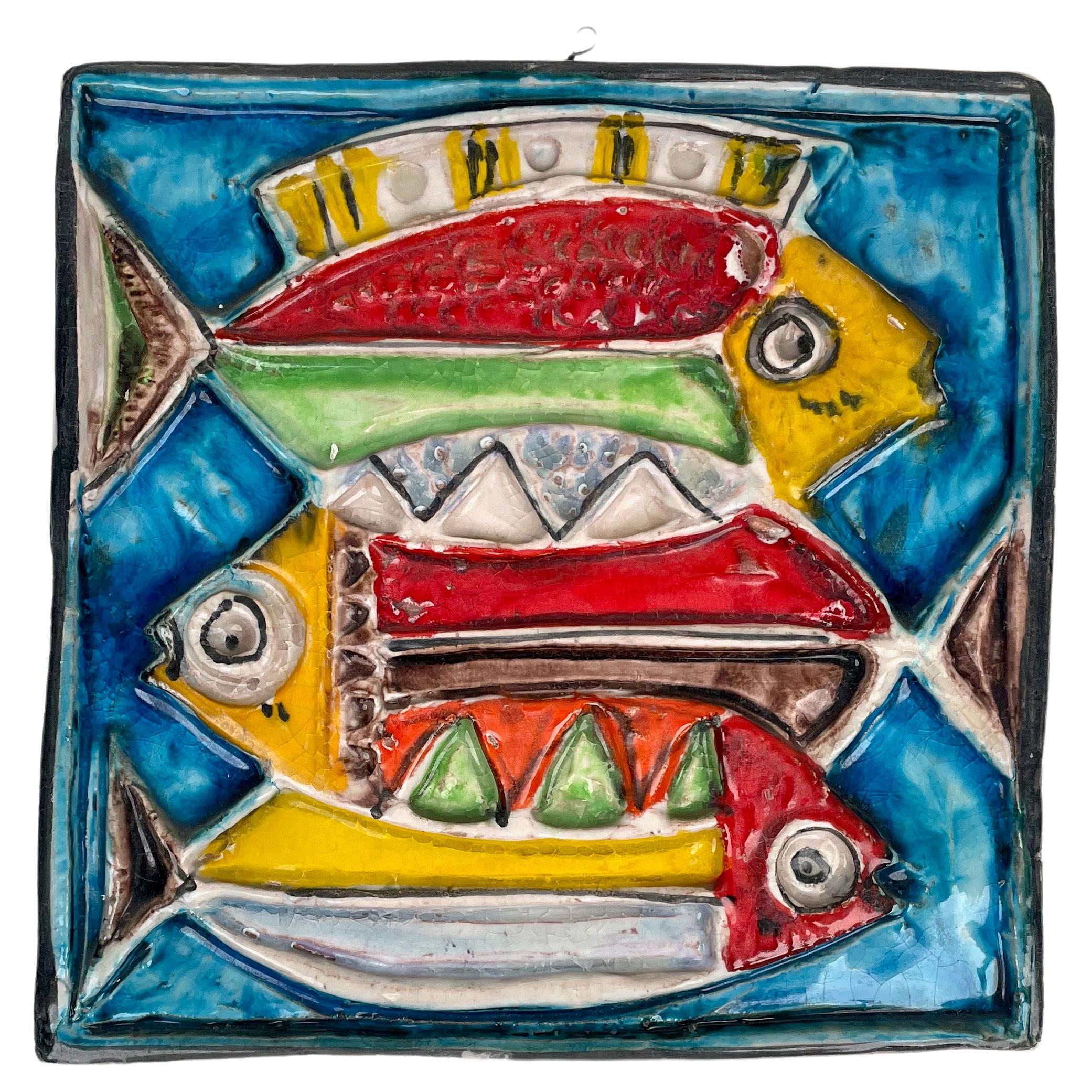 Giovanni de Simone, farbiger Keramik-Fischteller mit quadratischer Kachel, Italien 1960er Jahre