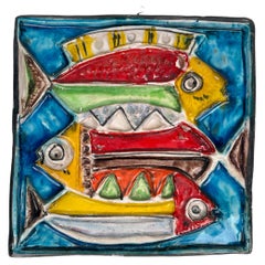 Giovanni de Simone Colored Ceramic Fish Squared Tile Plate, Italy 1960s